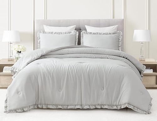 Miniatura 2 de Chezmoi Collection Juego de edredón Nora de microfibra lavada suave con ribete de volados, 3 piezas (tamaño matrimonial, color gris claro)