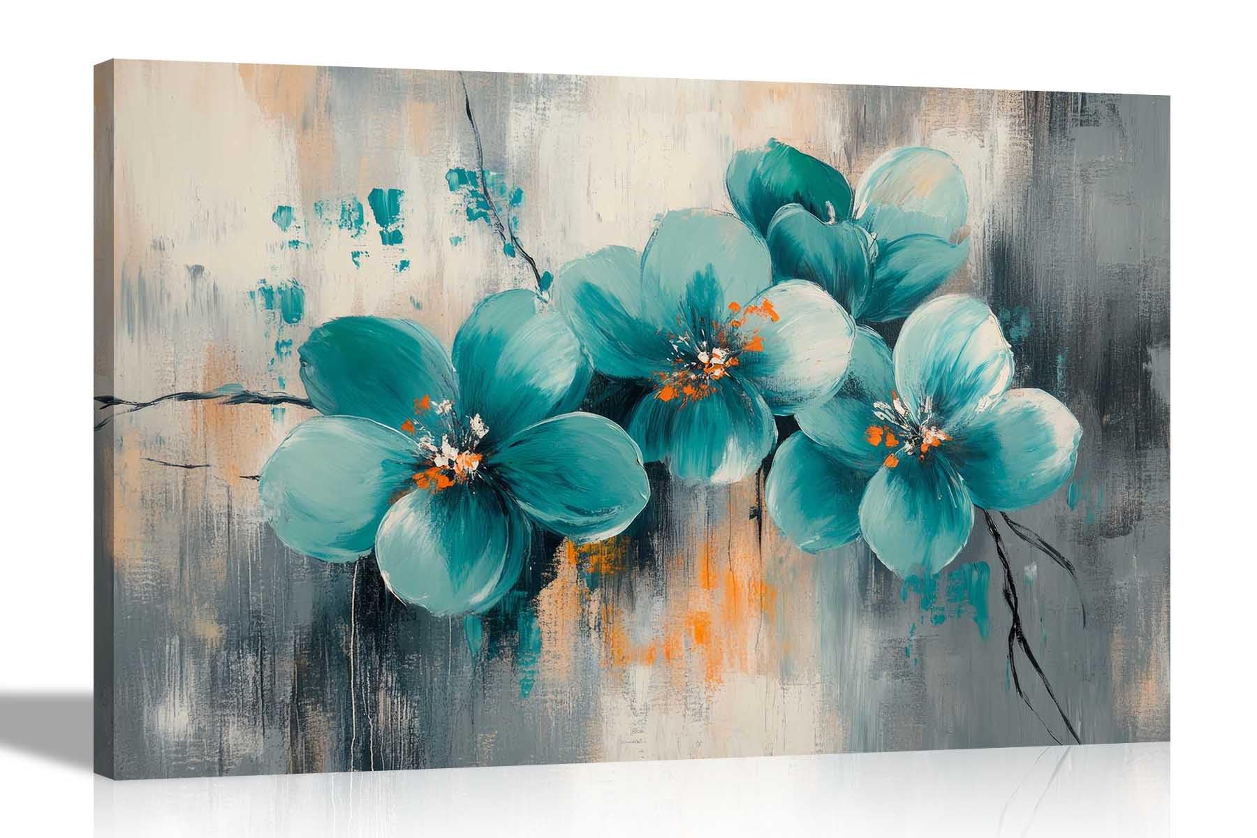 Artley Prints Rustic Flower Teal Land - Rustic Grey Abstract Teal Flowers Framed Canvas Wall Pictures Art For Living Room, Conservatory, Hallway Home Office 40 X 30Cm (16 X 12 Inches) A3