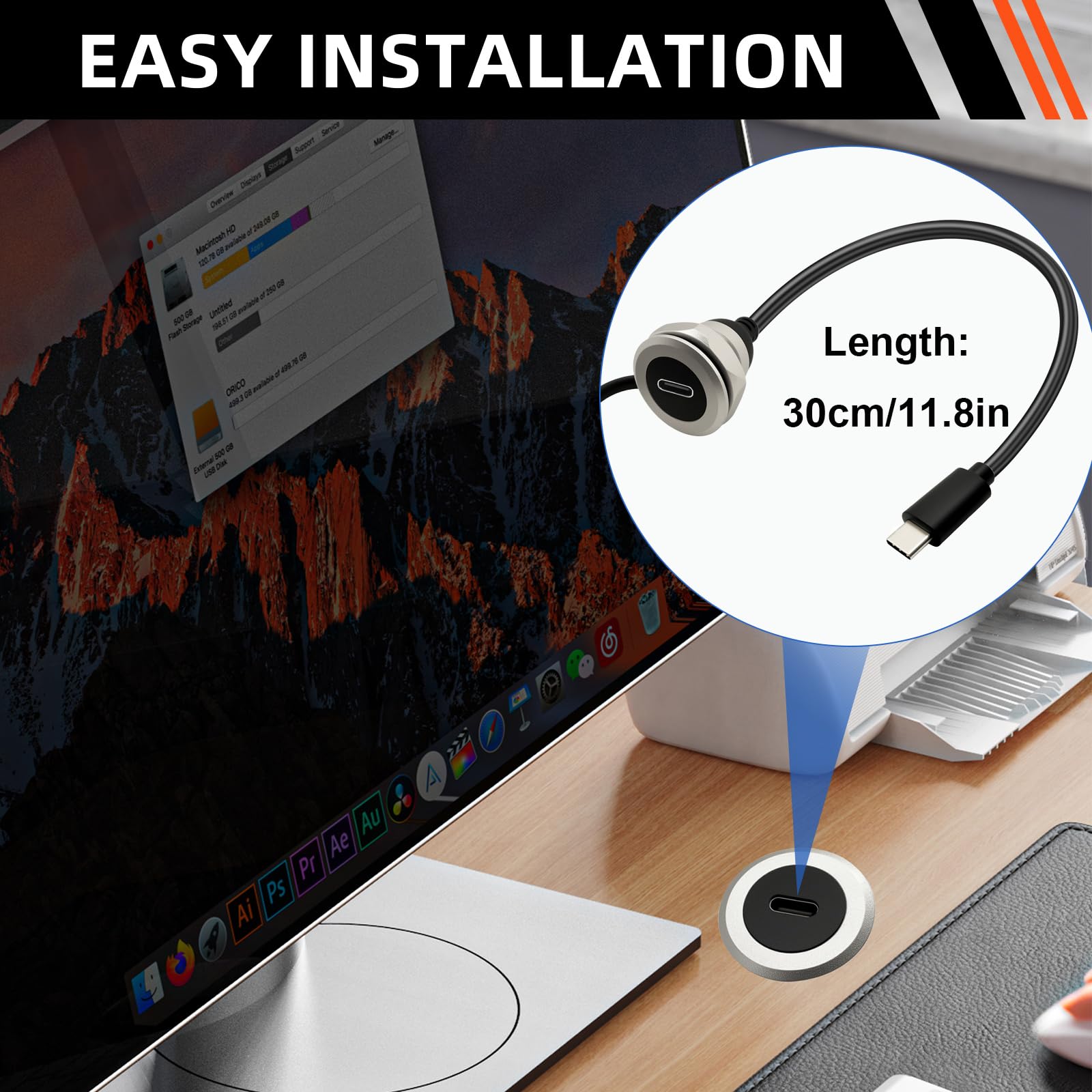 USB C 3.0 Verlängerungskabel für Schalttafelmontage, Al Shell, USB 3.0 Typ-C Stecker auf Buchse, feste Montage, Kabel, eingebettet, wasserdicht, runder Konverter, 5 V/2 A, 5 Gbit/s, 30 cm