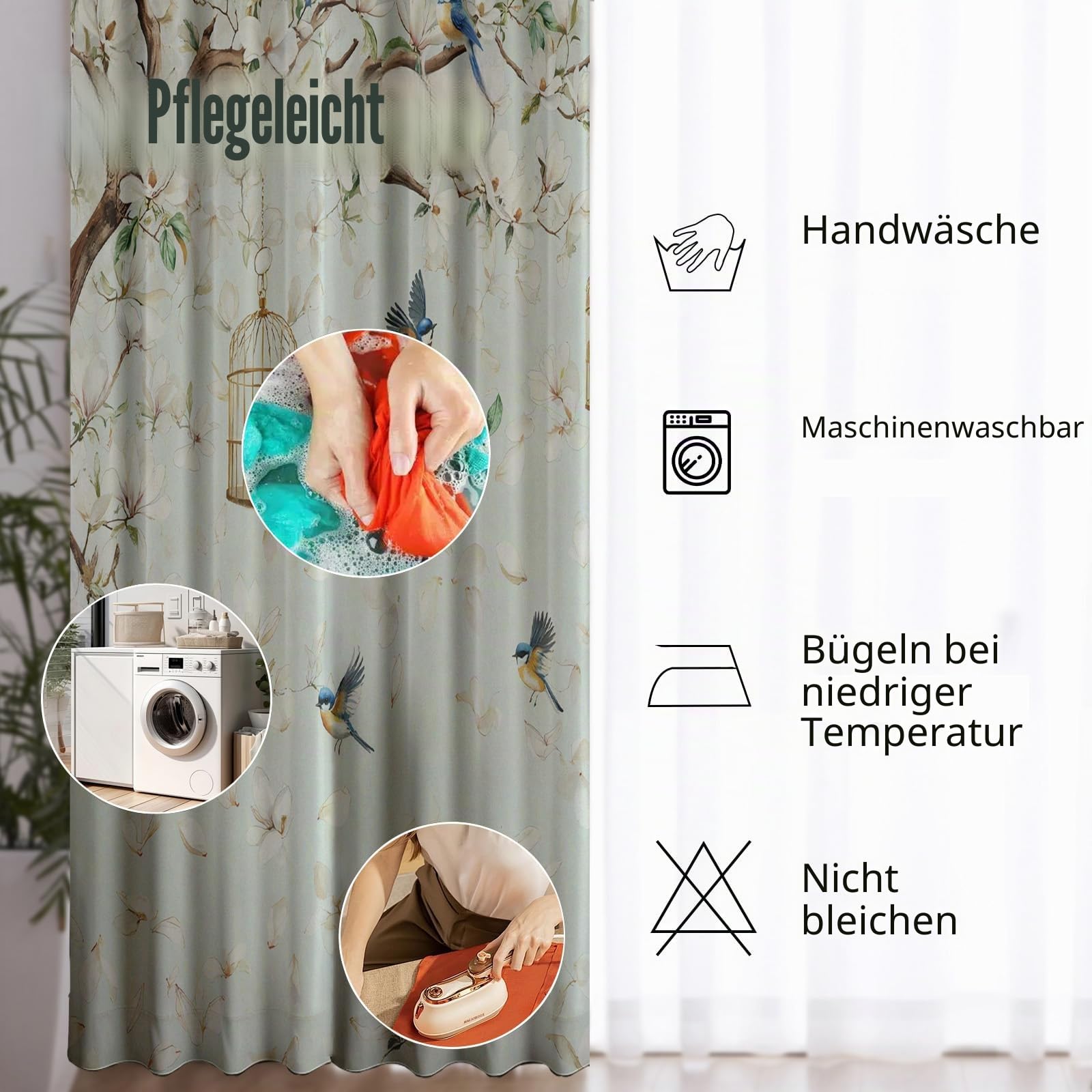 Blumen Vogel Vorhange Blickdicht 2er Set, Magnolie Floral Baum