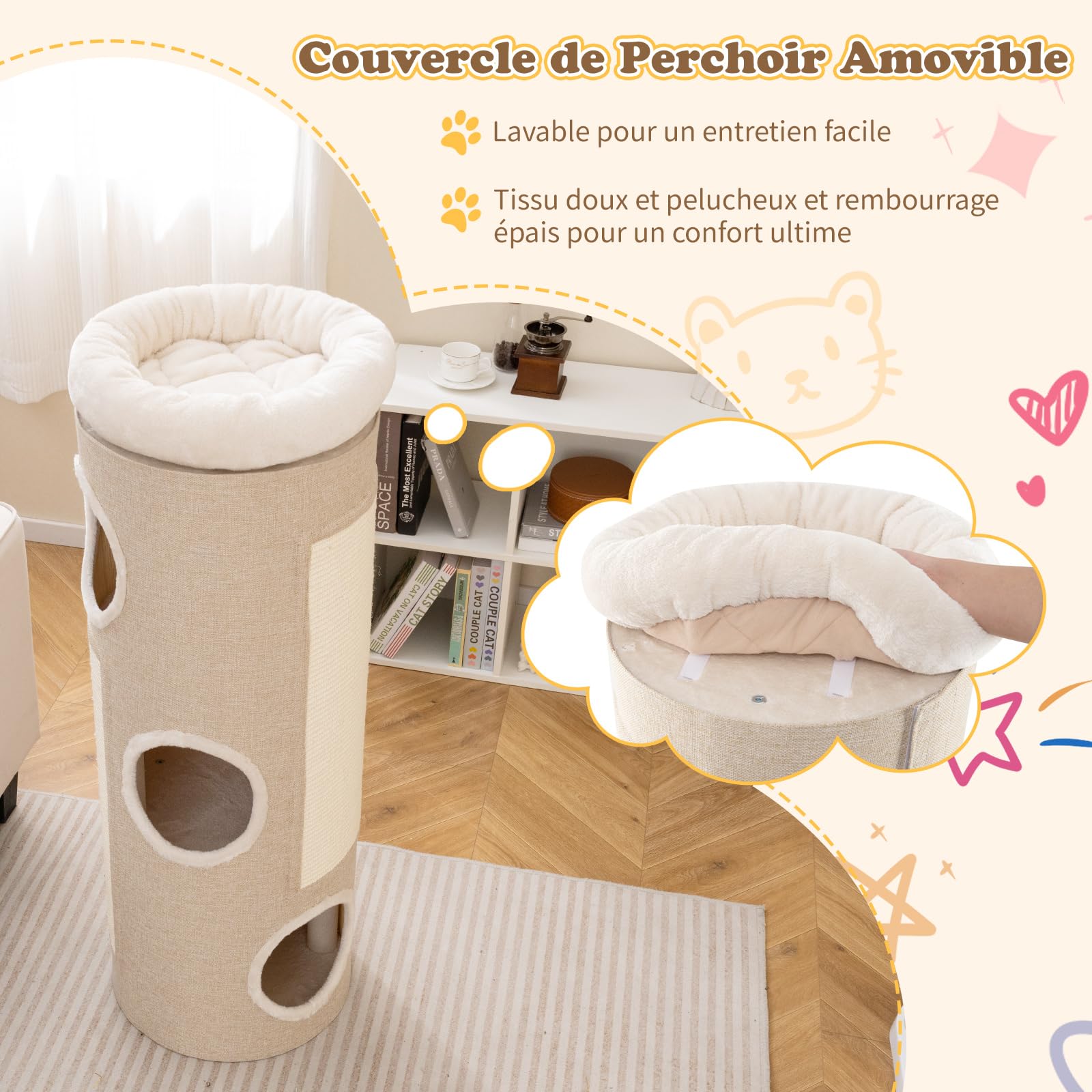 COSTWAY Tonneau Griffoir Chat à 4 Niveaux, Planche à Griffer en Sisal, 3 Condos, Coussin Amovible, Tapis en Bambou, Tour Chat Griffoir Interieur (43 x 43 x 113 cm,Naturel)