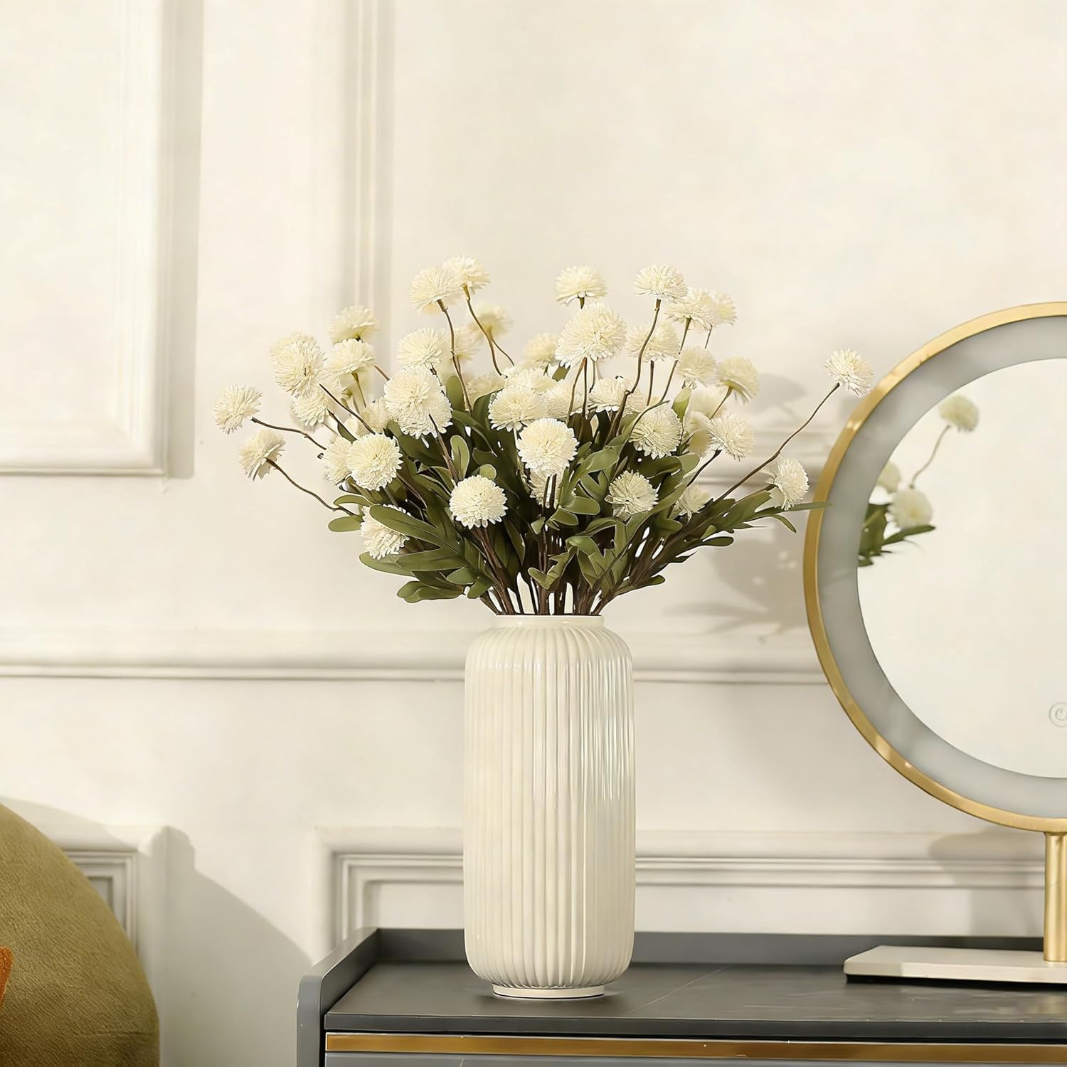 HNVNER 10PCS Artificial Faux Flowers for Vase, Ivory White Mini Fake Mums Flowers Long Stem, Realistic Silk Small Chrysanthemum for DIY Bouquets Wedding Home Table Kitchen Décor