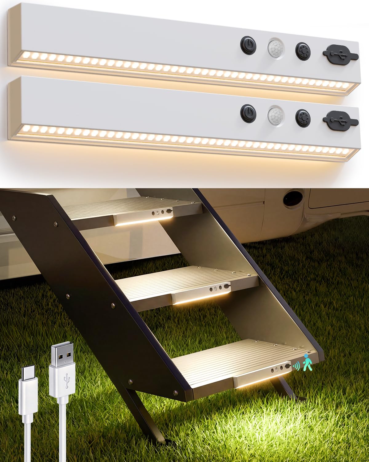 RV-Stufenlichter, wasserdicht, 44 LEDs, Bewegungsmelder, wiederaufladbar, magnetisch, Treppenlichter, 3 Farbtemperaturen und dimmbar, für Wohnmobile, Anhänger, Außentreppen, Wohnmobil-Zubehör, 2 Stück