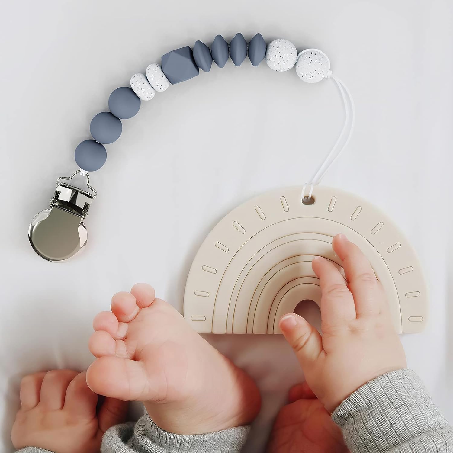 Pacifier Clip, RISHTEN Silicone Soothie Beads Teething Binky Holder Neutral Paci Clips Pacifier Accessories for Baby Boys and Girls (Dim Gray & Oatmeal) : Baby