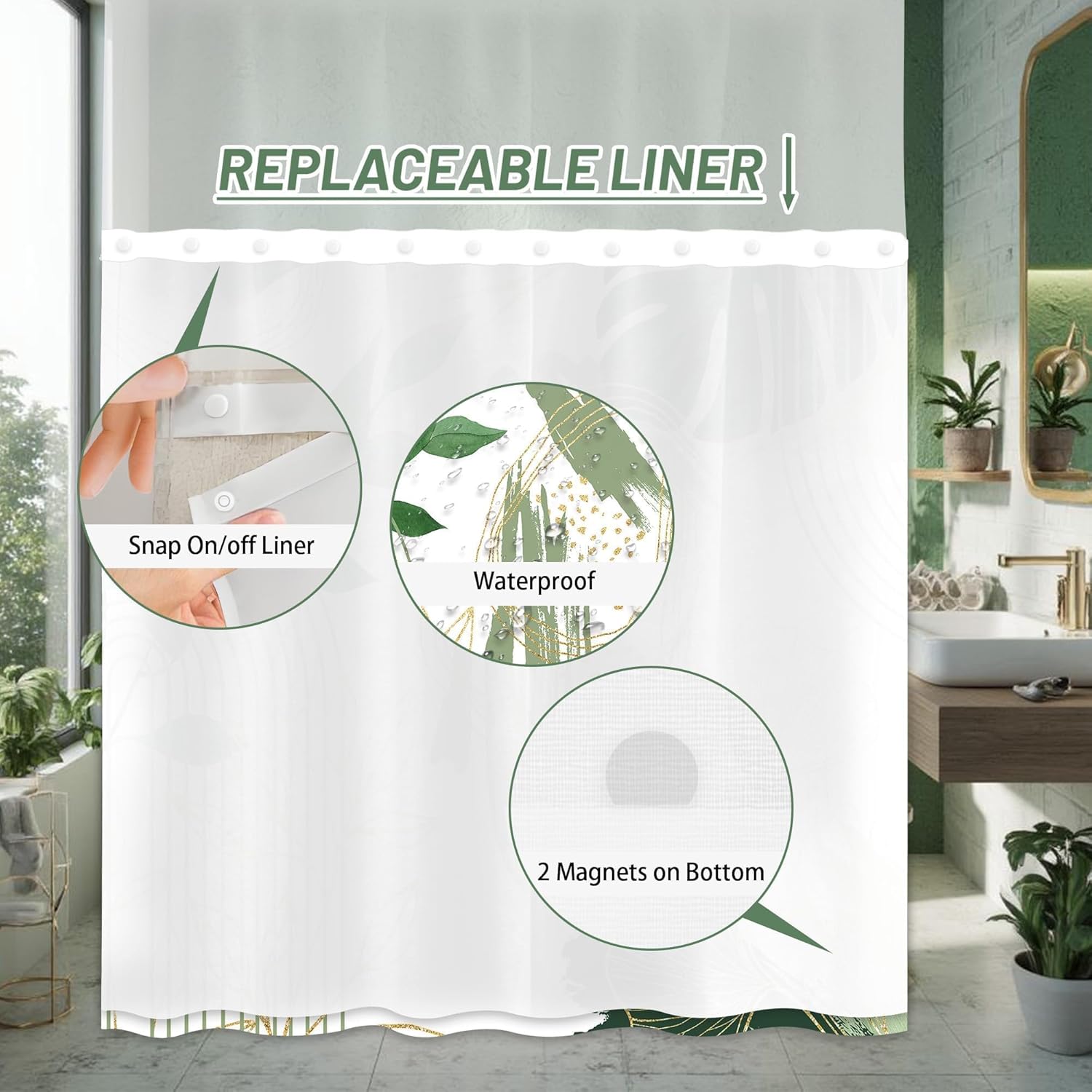 Sage Green Hookless Shower Curtain with Snap in Liner, White and Olive Green Leaf No Hook Double Layer Shower Curtain and Liner Set, Ringless with Window Waterproof Cloth Fabric, 71" W x 74" L