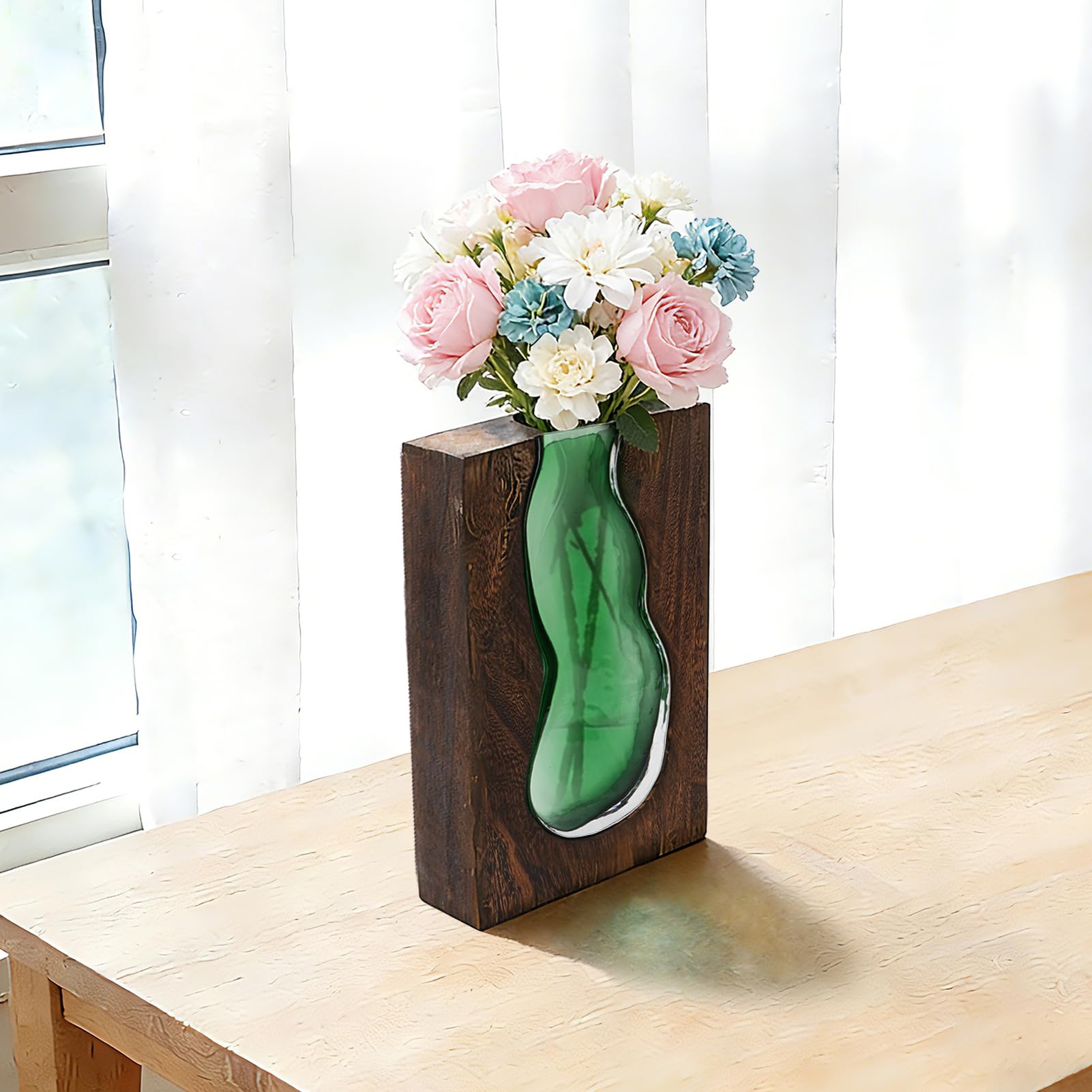 Vaso in vetro in legno con fiori rialzati ad acqua, vaso irregolare, 24 cm, decorazione moderna per la casa per camera da letto, cucina, soggiorno, spazi commerciali