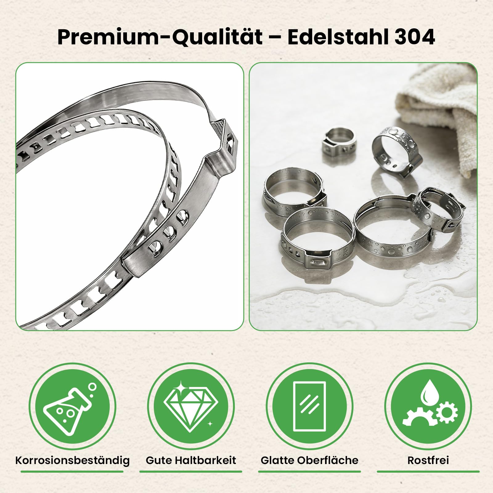 GEEKHOM 70 Stück Edelstahl Schlauchklemmen Einohr Schlauchschellen Set 304 Rostfrei 8 Größen 6,8–120mm mit Zange für Auto Industrie Schiffbau Rohre