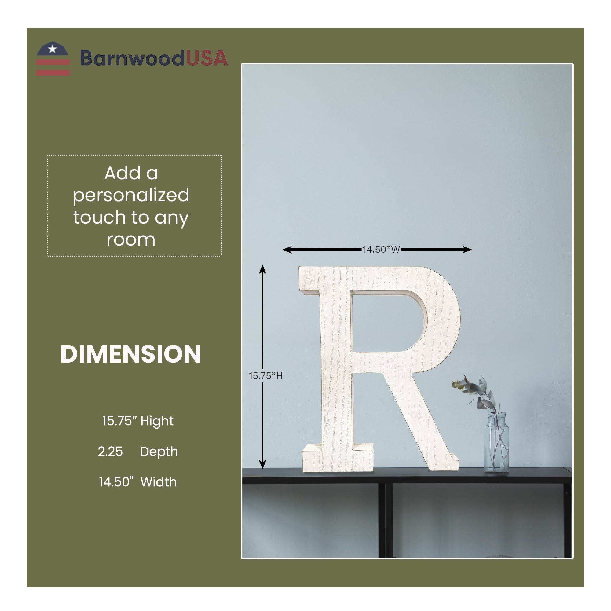 BarnwoodUSA LLC Rustic Large Alphabet Letters, Standing Wooden Monogram for Mantel & Fireplace Decor, White Wash Wall Letter Blocks (R - 15.75