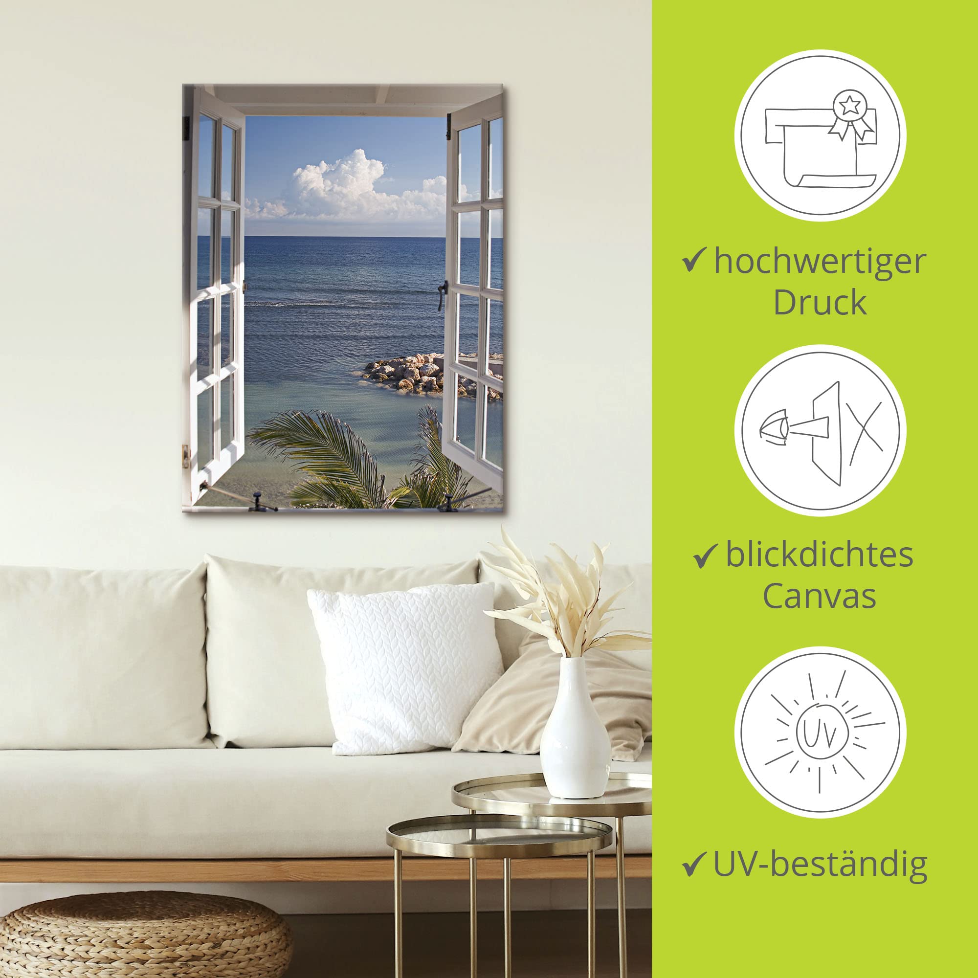 ARTLAND Wanddeko Leinwand Bilder Wandbild 60x80 cm Fensterblick Fenster zum Paradies Strand Meer Maritim Palmen Landschaft T9II