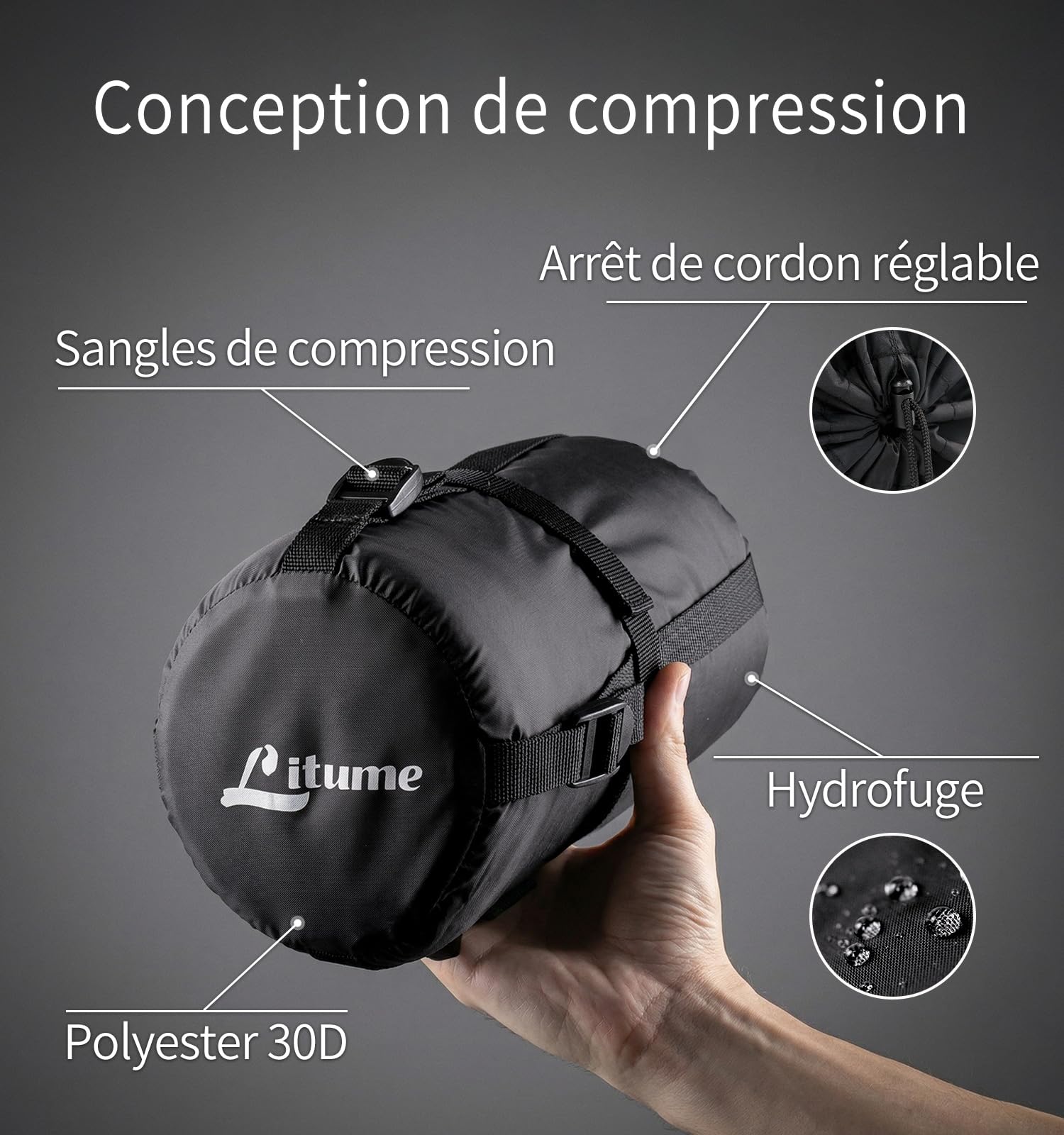 Litume Drap de Sac de Couchage Momie All Season, Ajoute Jusqu'à 15°C, Doublure Thermique Légère et Compressible, Idéal Camping, Randonnée et Voyage