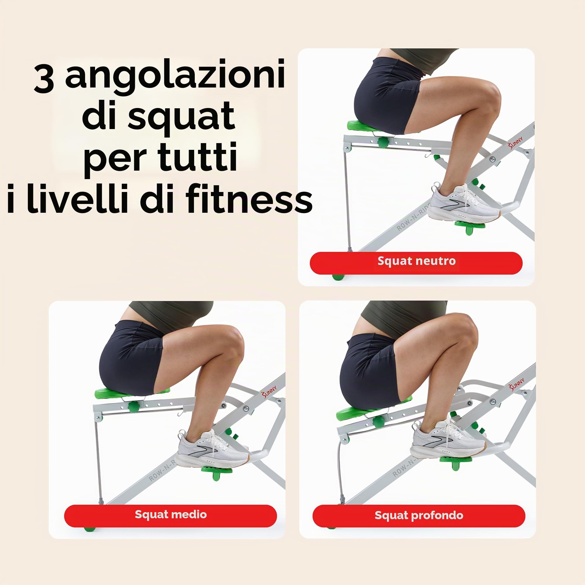 Sunny Health & Fitness Row-N-Ride Smart Pieghevole per Squat e Vogata | Allenamento Glutei e Gambe, 3 Angoli Squat, Resistenza a 4 Livelli, App SunnyFit, Portata 150 kg, Facile da Riporre