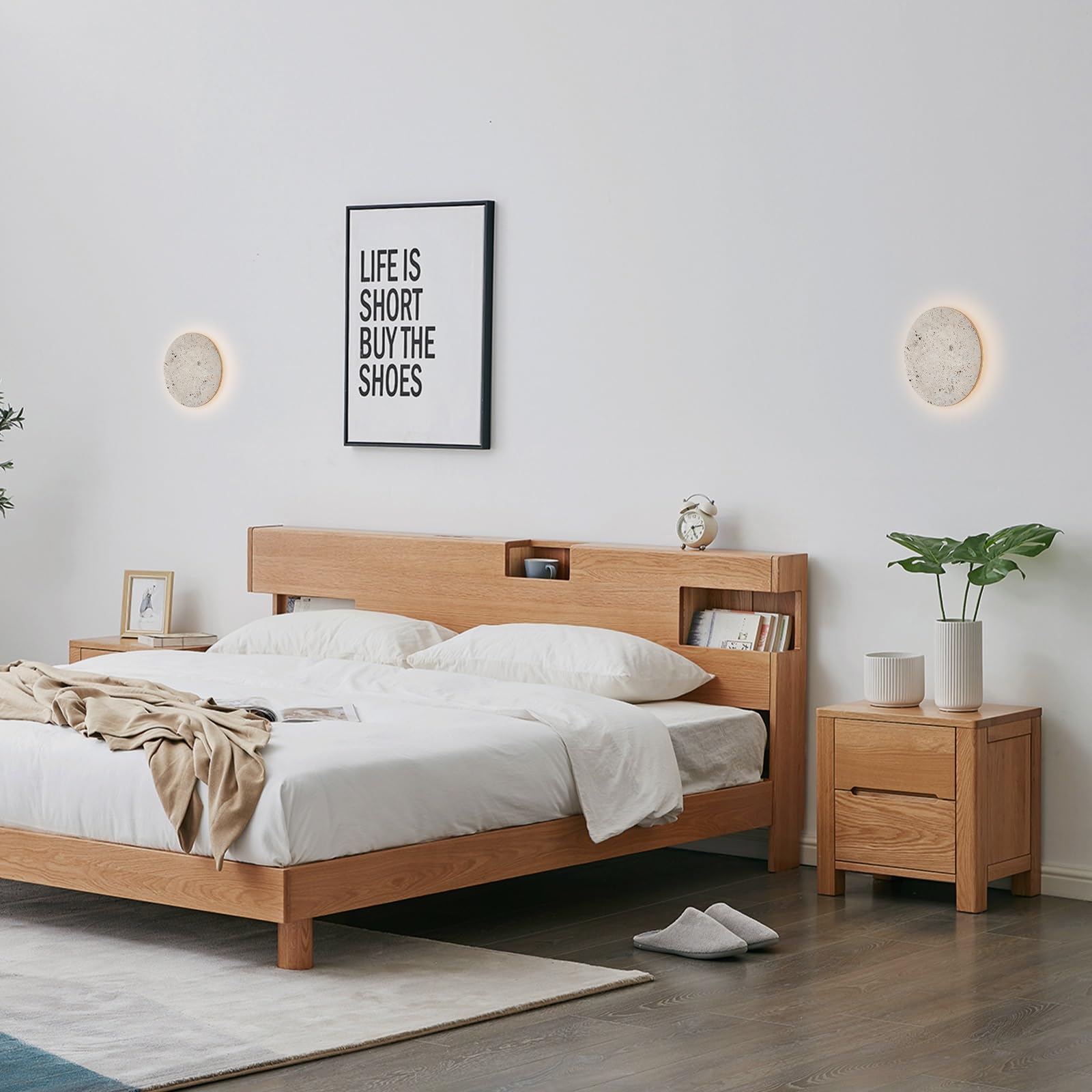 9-calowa okrągła żółta lampa ścienna z trawertynu, nowoczesny kinkiet LED z podświetleniem z kamienia, japońskie oświetlenie artystyczne wabi-sabi, przewodowa lampa ścienna do sypialni