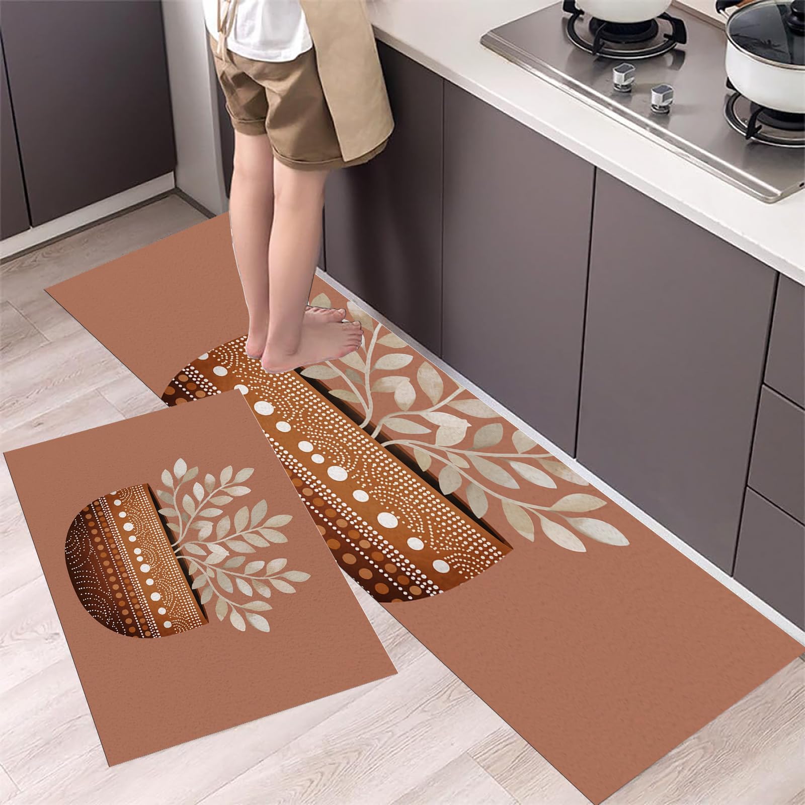 Tapis de cuisine lavable et antidérapant couleur de la terre lot de 2 pièces