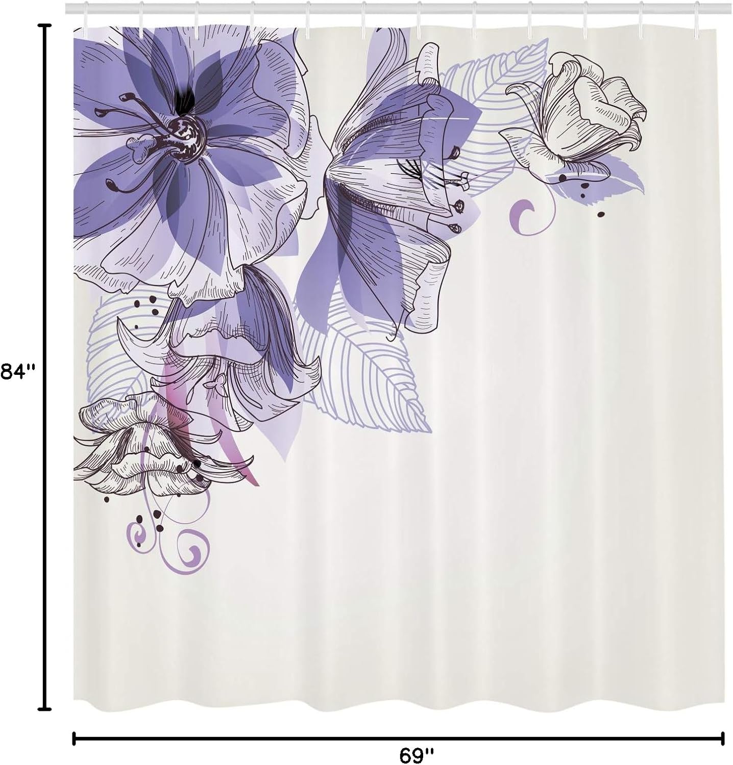 Ambesonne Flowers Shower Curtain, Buds Leaf at The top Left Corner Season Celebrating Theme Illustration, Cloth Fabric Bathroom Decor Set with Hooks, 69" W x 84" L, Blue Violet White