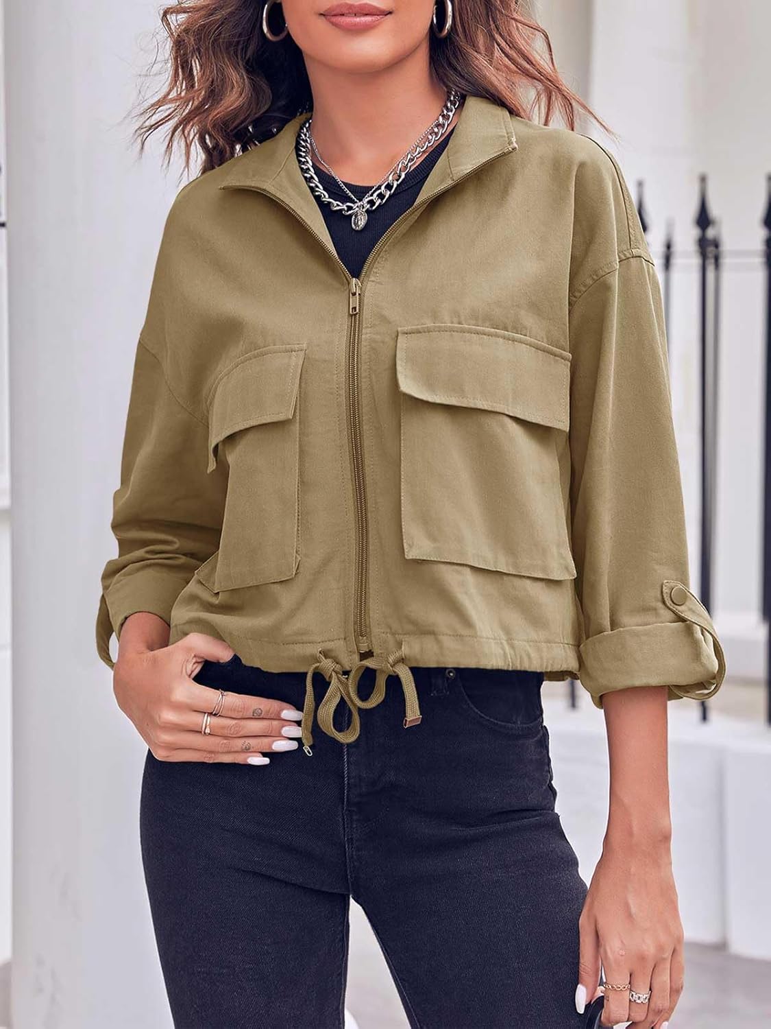 Tankaneo Women Casual Cropped Jackets Zip Up Lightweight Military Safari Short Utility Coat with Pockets - Image 4