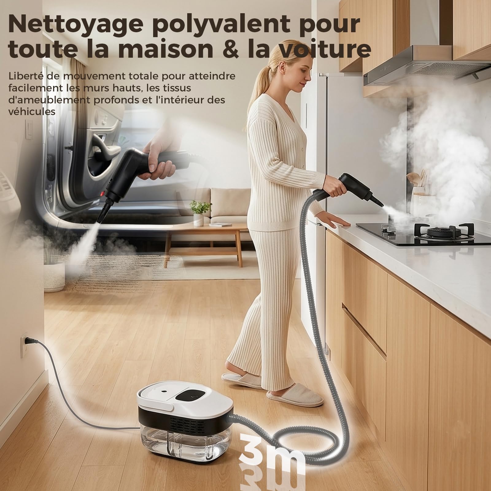 Nettoyeur Vapeur Portable 2500W avec Réservoir 1.6L, Nettoyeur Haute Pression 3 Bars 3 Niveaux Réglables avec 14 Accessoires pour Sol Cuisine Canapé Voiture Vitres