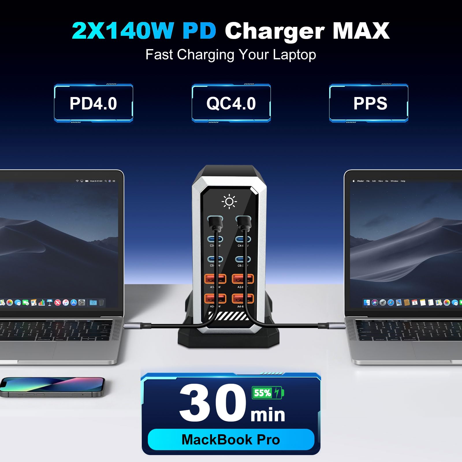 Caricatore USB C multiuso, GaN III, USB, multiuso, con 6 USB-C + 4 USB-A, Power Delivery stazione di ricarica USB C per MacBook Pro/Air, Phone, iPad, Galaxy più (nero)