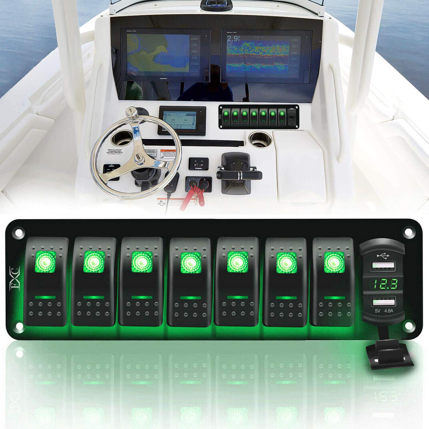 FABOOD F12V 24V Rocker Switch Panel 7 Gang Toggle Switches Waterproof ON/Off Green LED Backlight with 4.8 Amps Dual USB Voltmeter for Boat Car Marine Truck Trailer Caravan