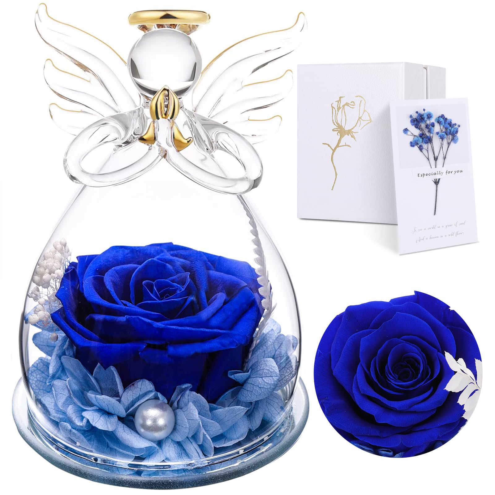 Rosa Conservata In Statuetta Angelo In Vetro | Regalo Per La Festa Della Mamma O Per Un Ricordo | Fiore Eterno Con Angelo Custode