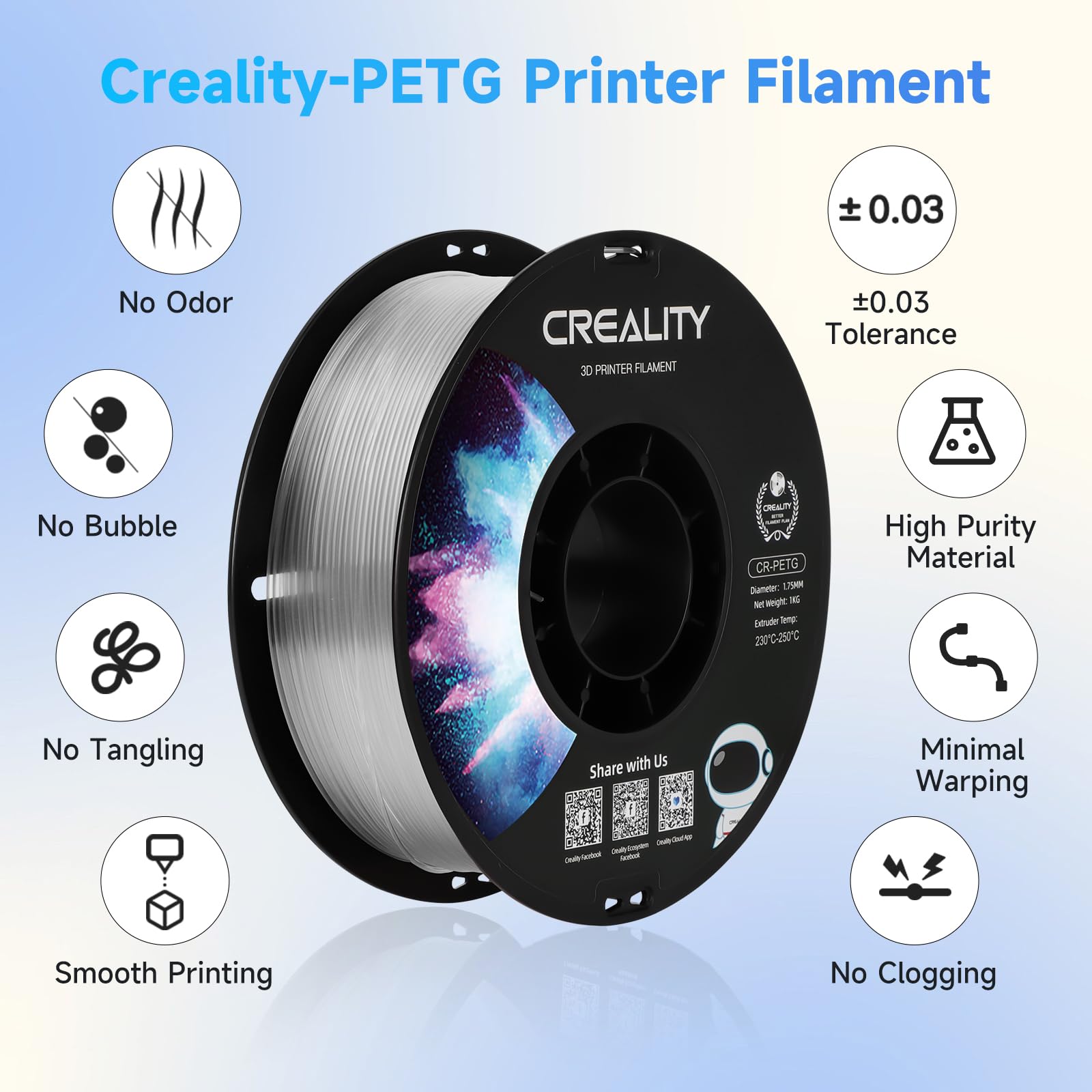 Creality Filamento PETG 1,75 mm, Ufficiale Filamento Stampante 3D Che Non si Aggroviglia, Forte Legame e Prestazioni a Sbalzo Precisione Dimensionale +/-0,03 mm, 2,2 lbs/Spool, Trasparente