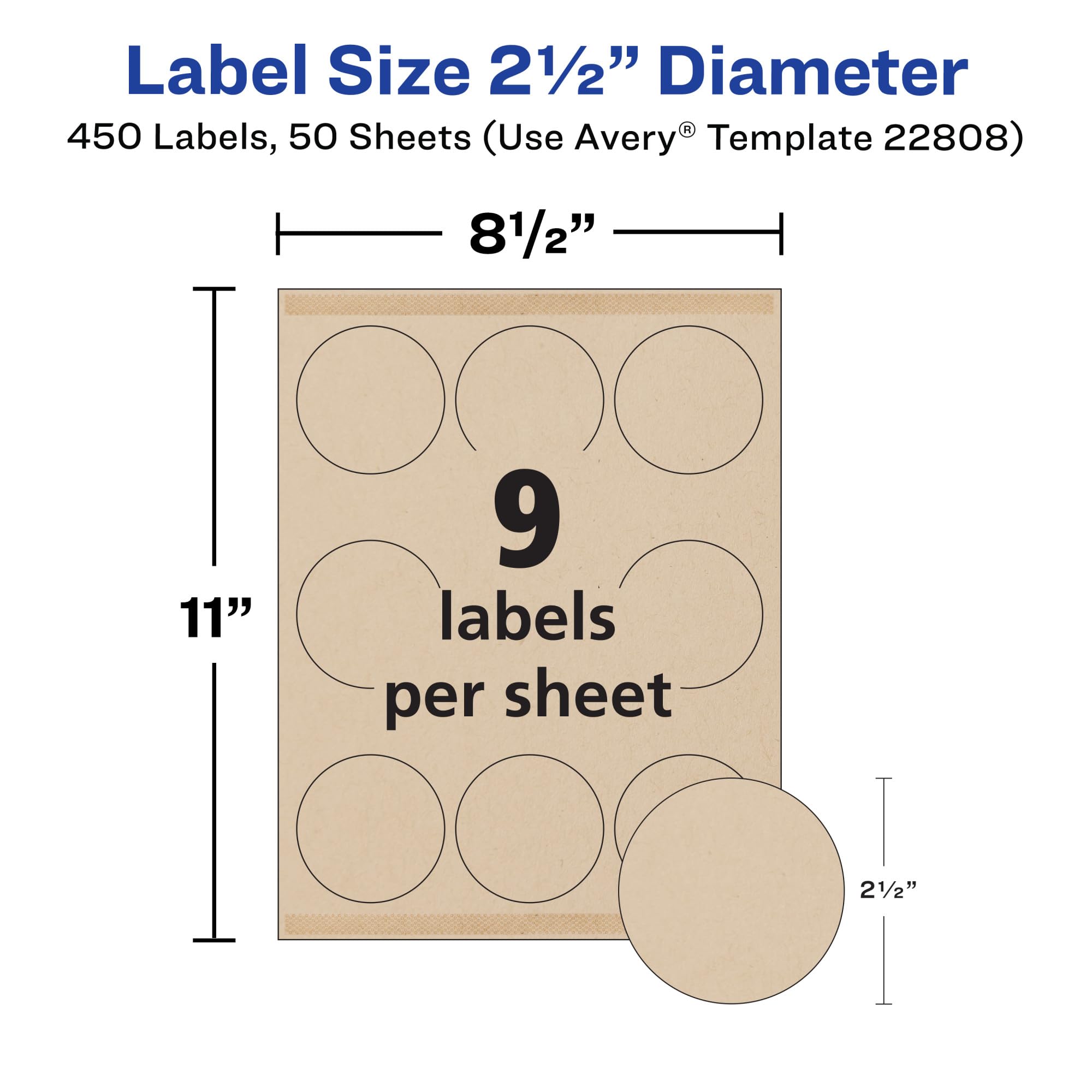 Avery Etichette rotonde stampabili, diametro 6,3 cm, marrone kraft, confezione da 2, 450 etichette personalizzabili in totale (5639)