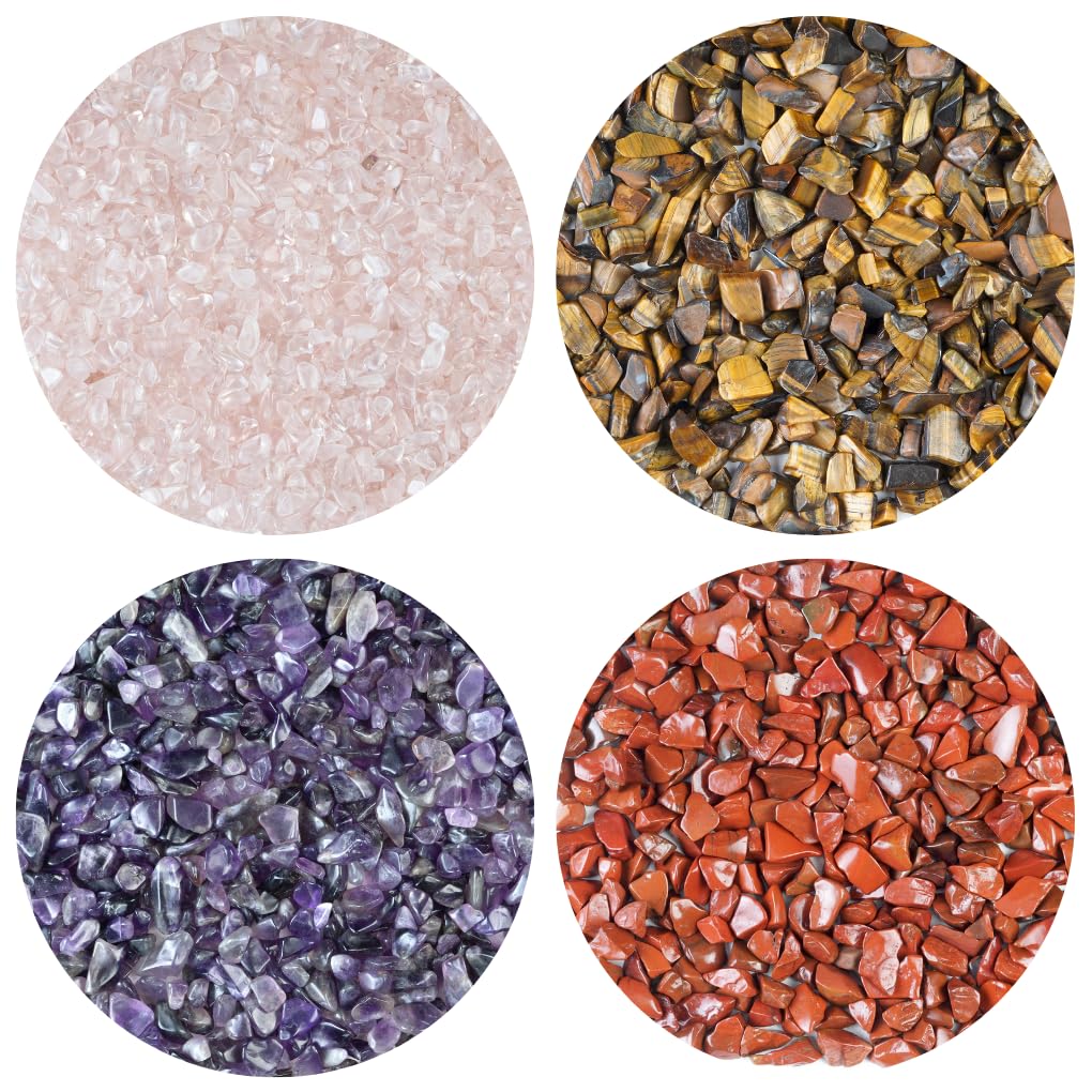 1 lb Crystal Chips in Bulk with 4 Colors, Rose Quartz/Amethyst/Tiger Eye/red Jasper Crushed Healing Crystal Quartz Rocks Reiki Decoration Irregular Shaped Chips Stones DIY Meditation Reiki Chakra