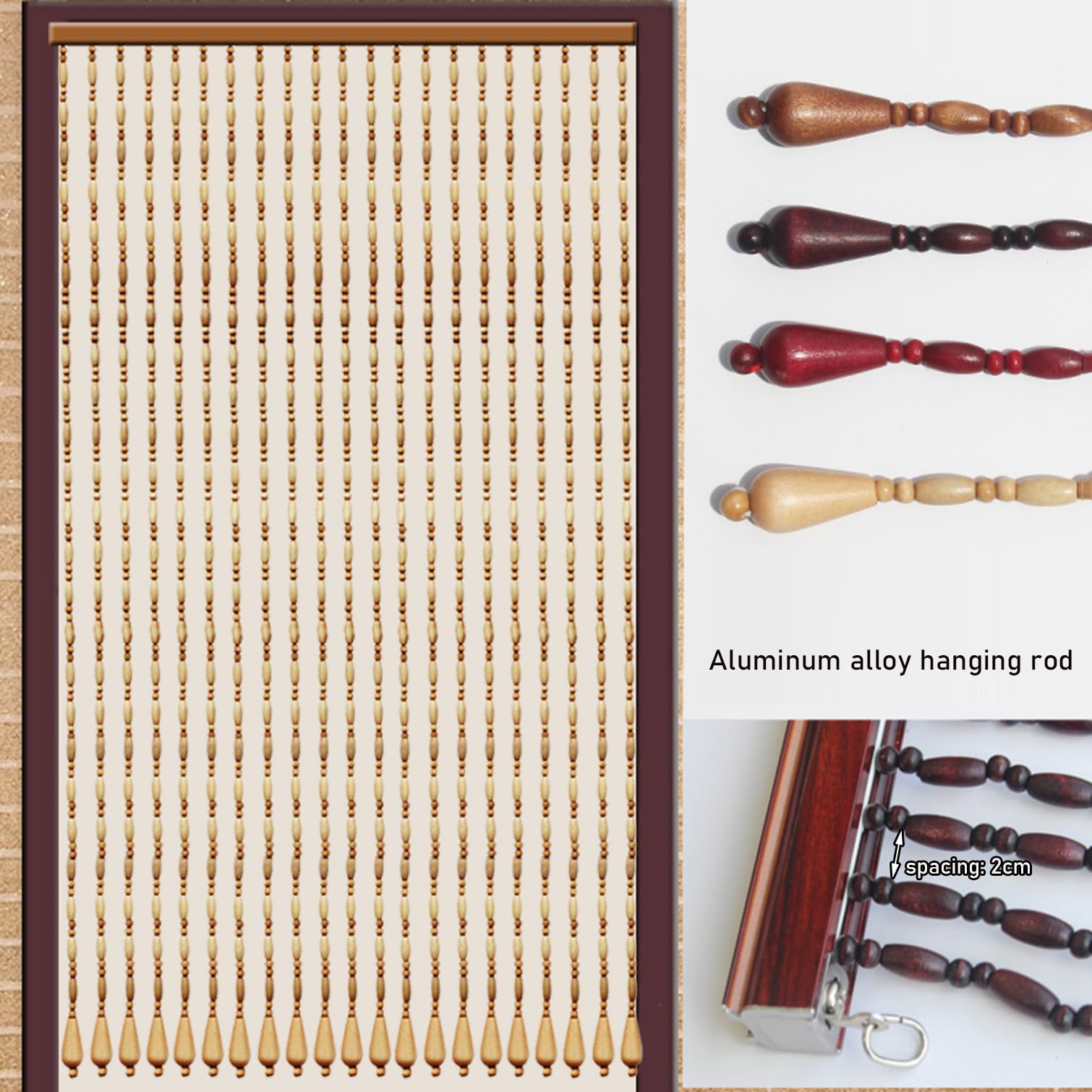 Rideaux élégants faits à la main en perles de bois naturel – Séparateurs de pièce élégants et moustiquaires pour portes intérieur/extérieur 140 cm x 150 cm (71 brins) – Décoration d'intérieur unique