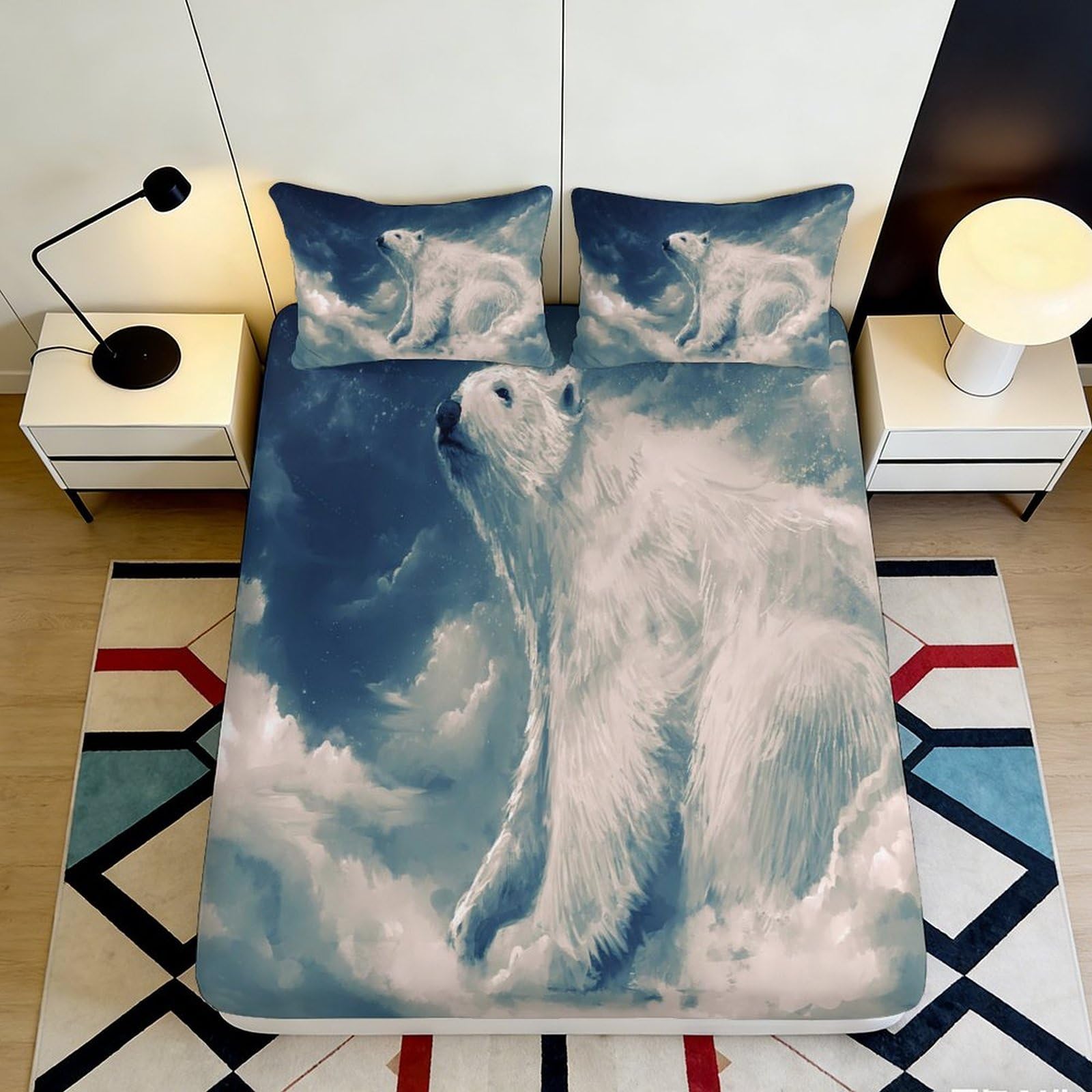 3D Printed Polar Bear Dream Sky Fitted Sheet Microfiber Anti-Slip Bed Cover for Bedroom Guest Room Mattress Decor 120x200x25cm
