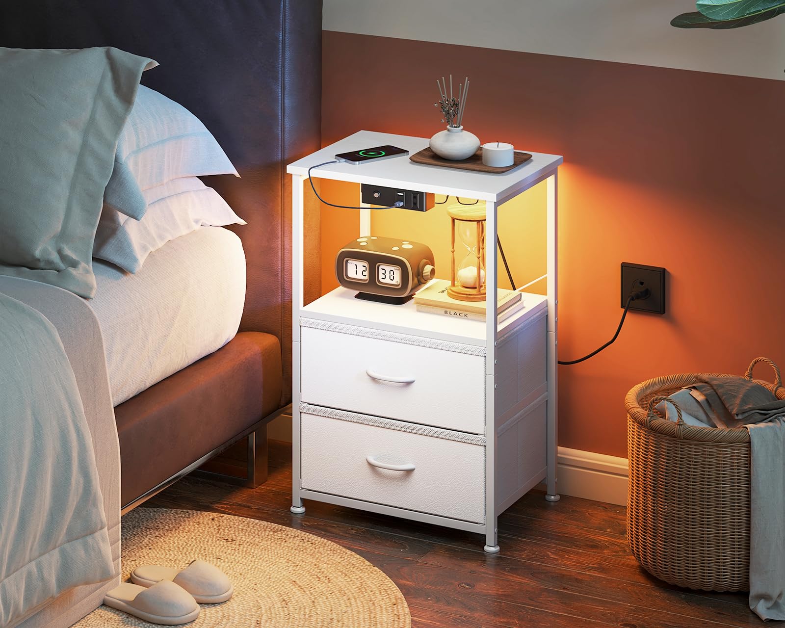 Coleshome Mesitas de Noche, con Enchufe, 2 Puertos USB y Tira de Luces LED, Mesita de Noche con 2 Cajones de Tela y 1 Espacio de Almacenamiento, 40 x 30 x 60 cm, 1 Paquete