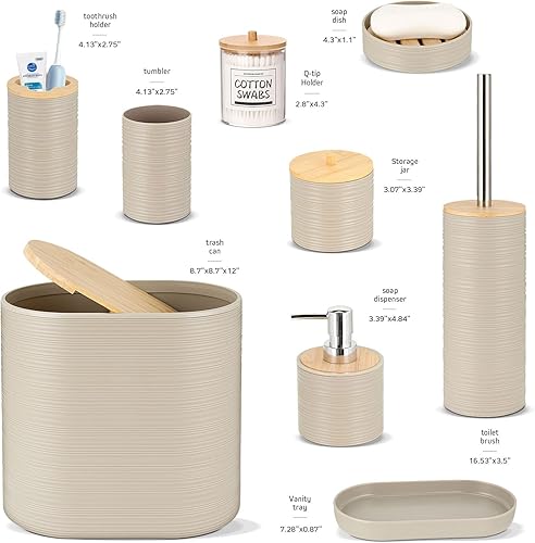 Miniatura 3 de IMAVO Juego de accesorios de baño, 11 piezas, color beige, con basura, dispensador de jabón, jabonera, soporte para cepillos de dientes, taza para