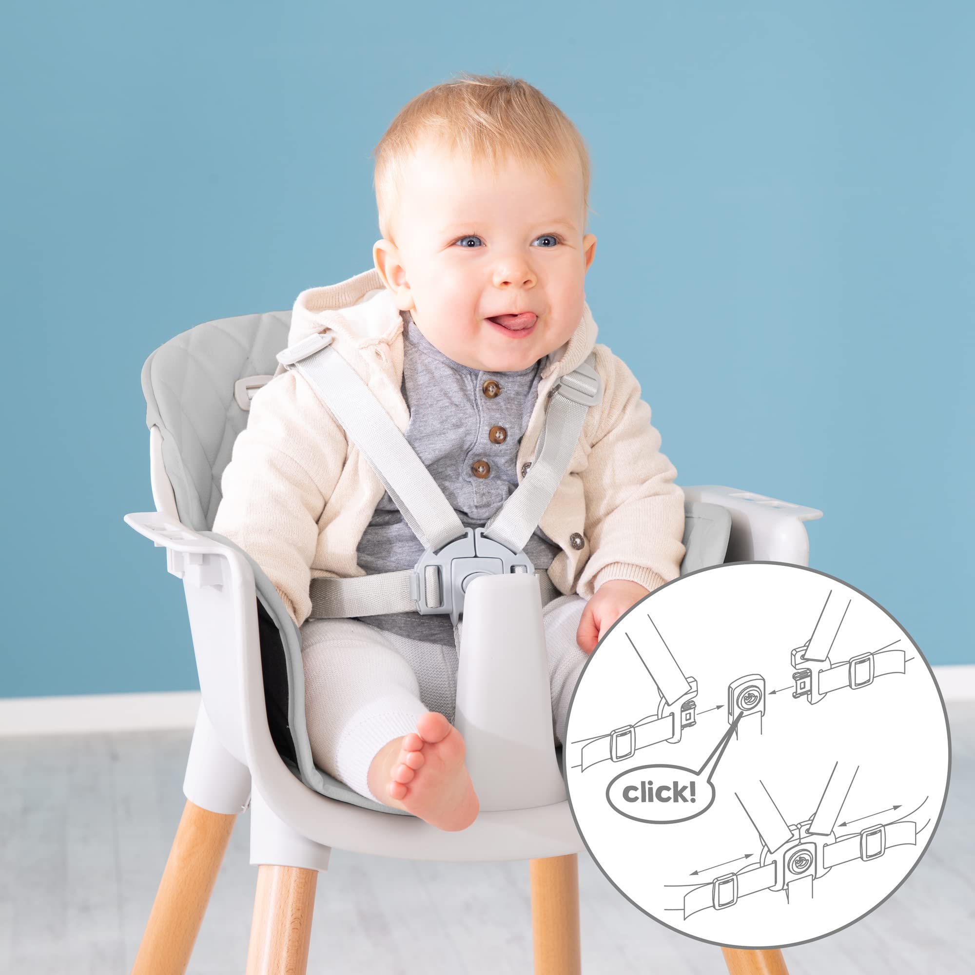 roba Chaise Haute Évolutive 2 en 1 Style Up Wood pour Bébé et Enfant - 50 KG - avec Ceinture de Sécurité et Plateau Repas Amovible - Réglable - Assise Rembourrée - Gris