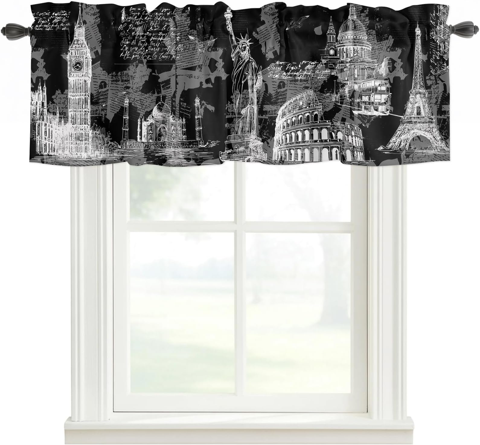 Black Architecture Valances Window Treatment Farmhouse Decor, Abstract City Eiffel Tower Modern Rod Pocket Valance Curtains for Living Room, Bedroom, Kitchen, 42" W x 18" L - 1 Panel