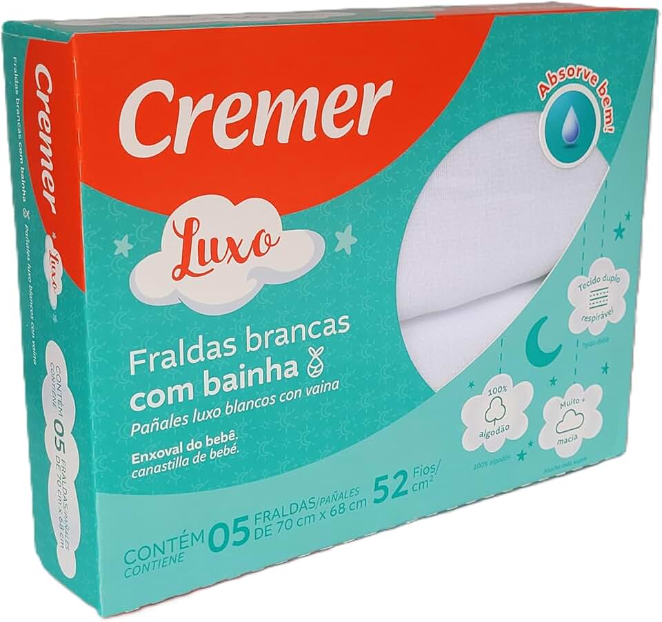 Fralda de pano Brancas Cremer com bainha com 5 unidades Tecido Duplo 70 x 68 cm