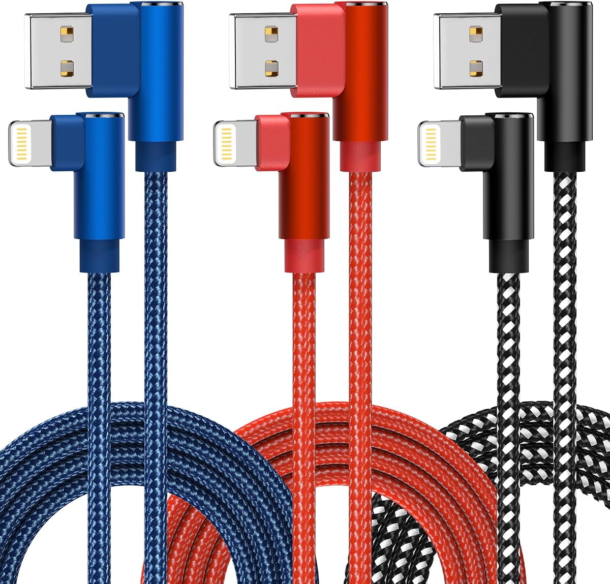 iPhone Charger 10ft 3 Pack Apple MFi Certified Lightning Cable 90 Degree Fast Charging Cord, Nylon Braided USB Charging Cable Compatible with iPhone 14 13 12 11 Pro Max XR XS X 8 7 6 Plus SE