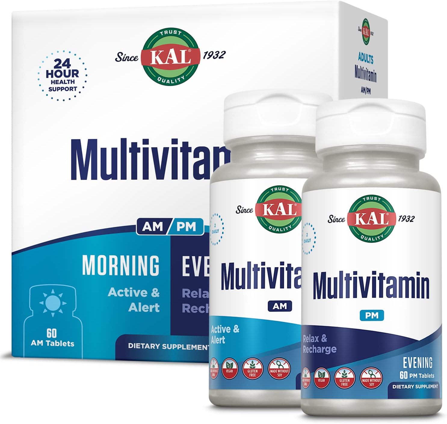 KAL Multivitamin AM/PM, 2-in-1 Womens and Mens Multivitamins Supplements, Turmeric, Tart Cherry, Organic Matcha and Spirulina for Immune,and Cellular Support, Gluten Free, 30 Servings, 120 Tablets KAL Multivitamin AM/PM, 2-in-1 Womens and Mens Multivitamins Supplements, Turmeric, Tart Cherry, Organic Matcha and Spirulina for Immune,and Cellular Support, Gluten Free, 30 Servings, 120 Tablets