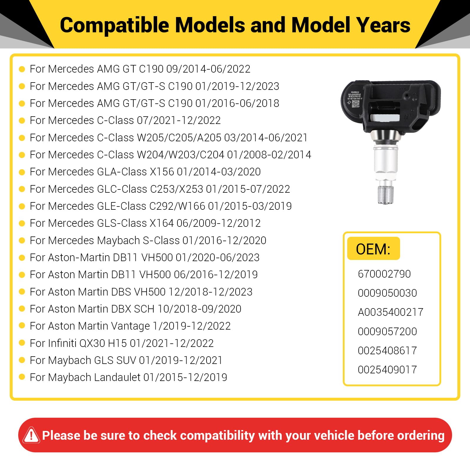 CPROSP 4 Sensore TPMS, Compatibles con Mercedes Clase C, A, GLC, GLE (W205, W176, X253, W166), CLA, CLS, Clase E, S | Códigos OE A0009050030, A0009057200 | 433MHz | Preprogramados Sensor Presion