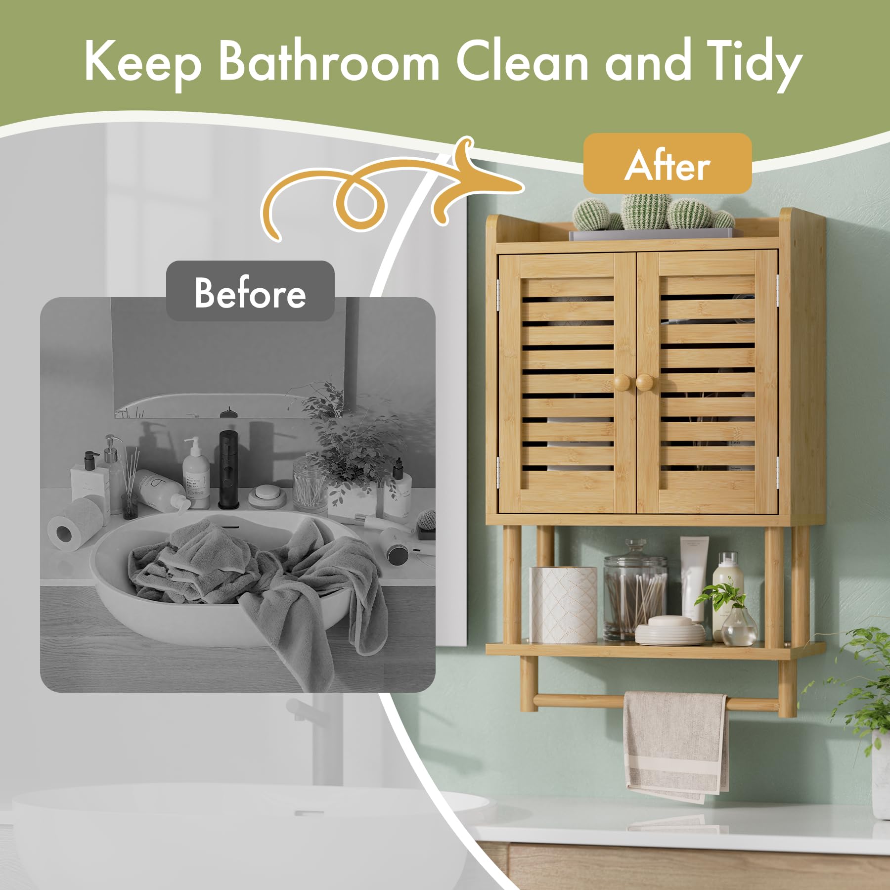 AmazerBath Bathroom Wall Cabinet, Bamboo Over The Toilet Storage Cabinet, Hanging Medicine Cabinets with Towel Bar, Wall Mounted Storage Shelf with Adjustable Shelves for Small Spaces