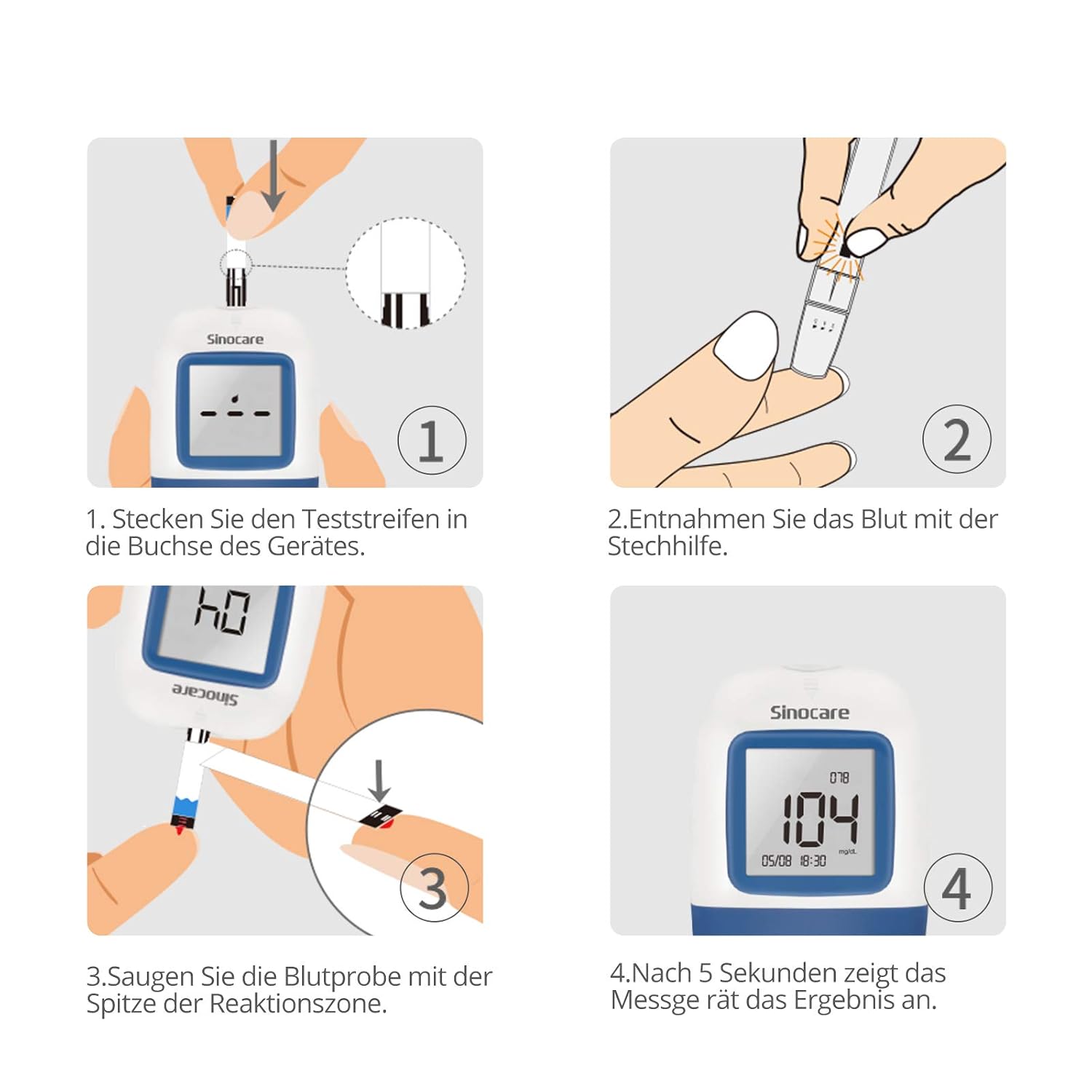 Four-step visual guide for using the sinocare Safe AQ Angel Blood Glucose Meter. Step 1 shows inserting a test strip. Step 2 shows using a lancing device. Step 3 shows applying a blood sample to the test strip. Step 4 shows the meter displaying the result.