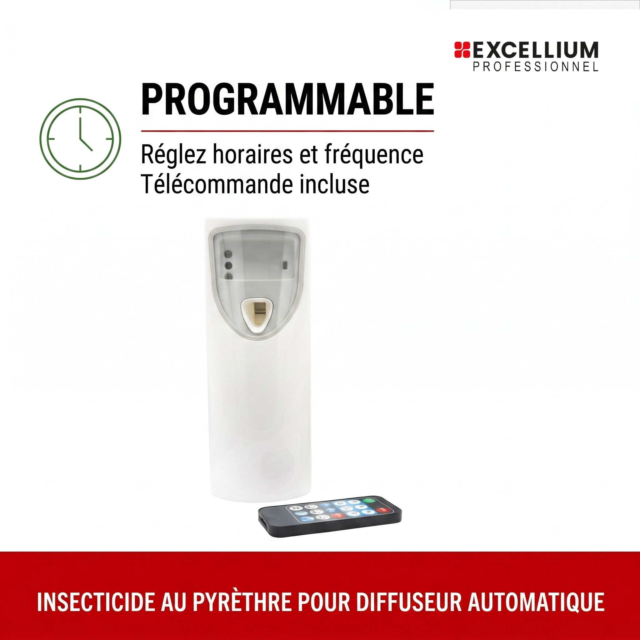 EXCELLIUM PROFESSIONNEL Kit Diffuseur Automatique Insecticide 250 ml | Programmable, télécommande incluse, pyrèthre, volants et rampants, jusqu'à 2500 pulvérisations, environ 3 mois, 30 m²