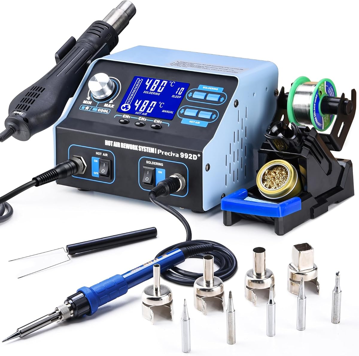 Lötstation, Preciva 992D+ Heißluftlötstation 750W Entlötstation Repairing-Station Heißluft Station Profi 2 in 1 Lötstation Lötkolben 200-480℃