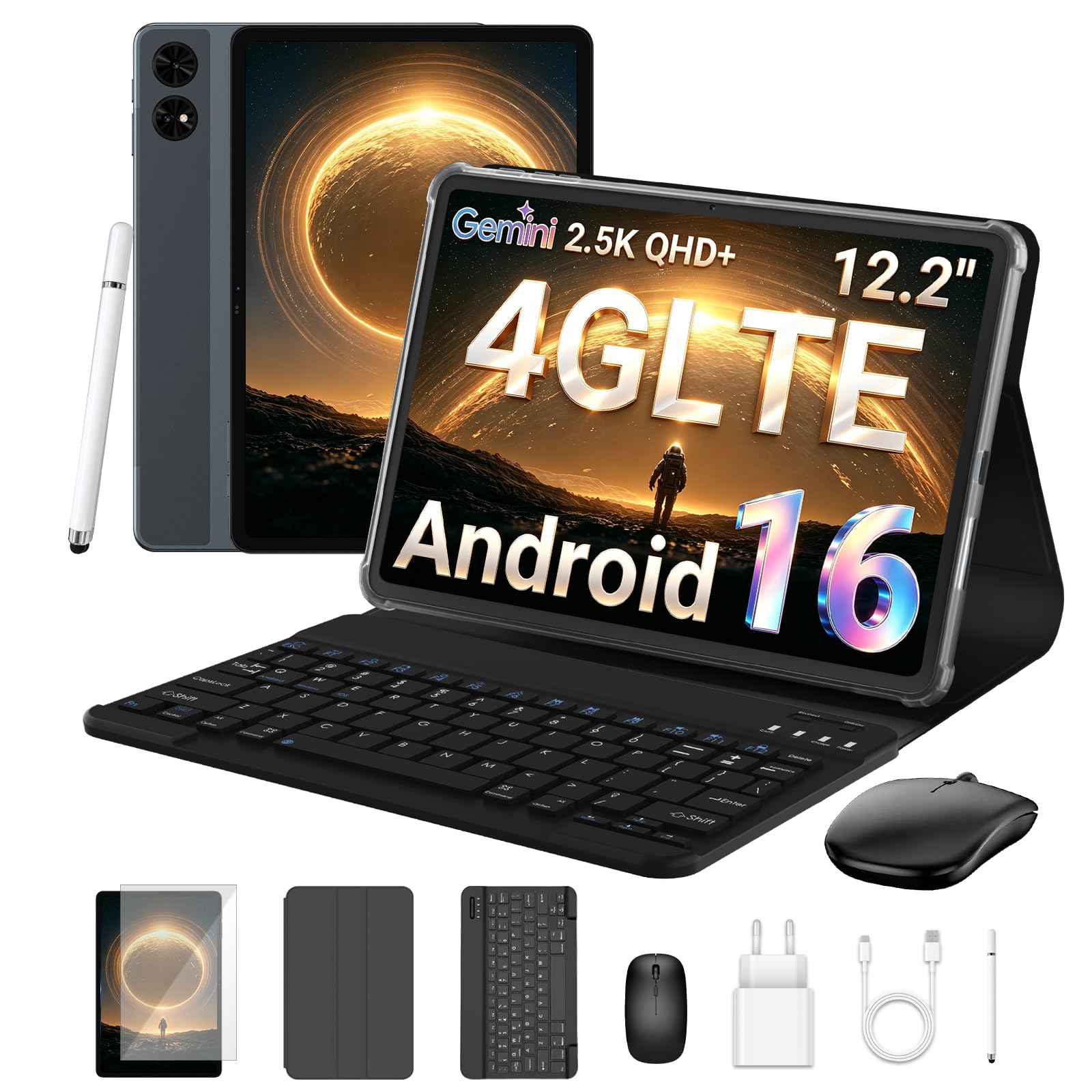 BESTTAB Android 16 Tablet 12 Zoll mit Tastatur, 48GB+256GB, 4G LTE/5G WiFi