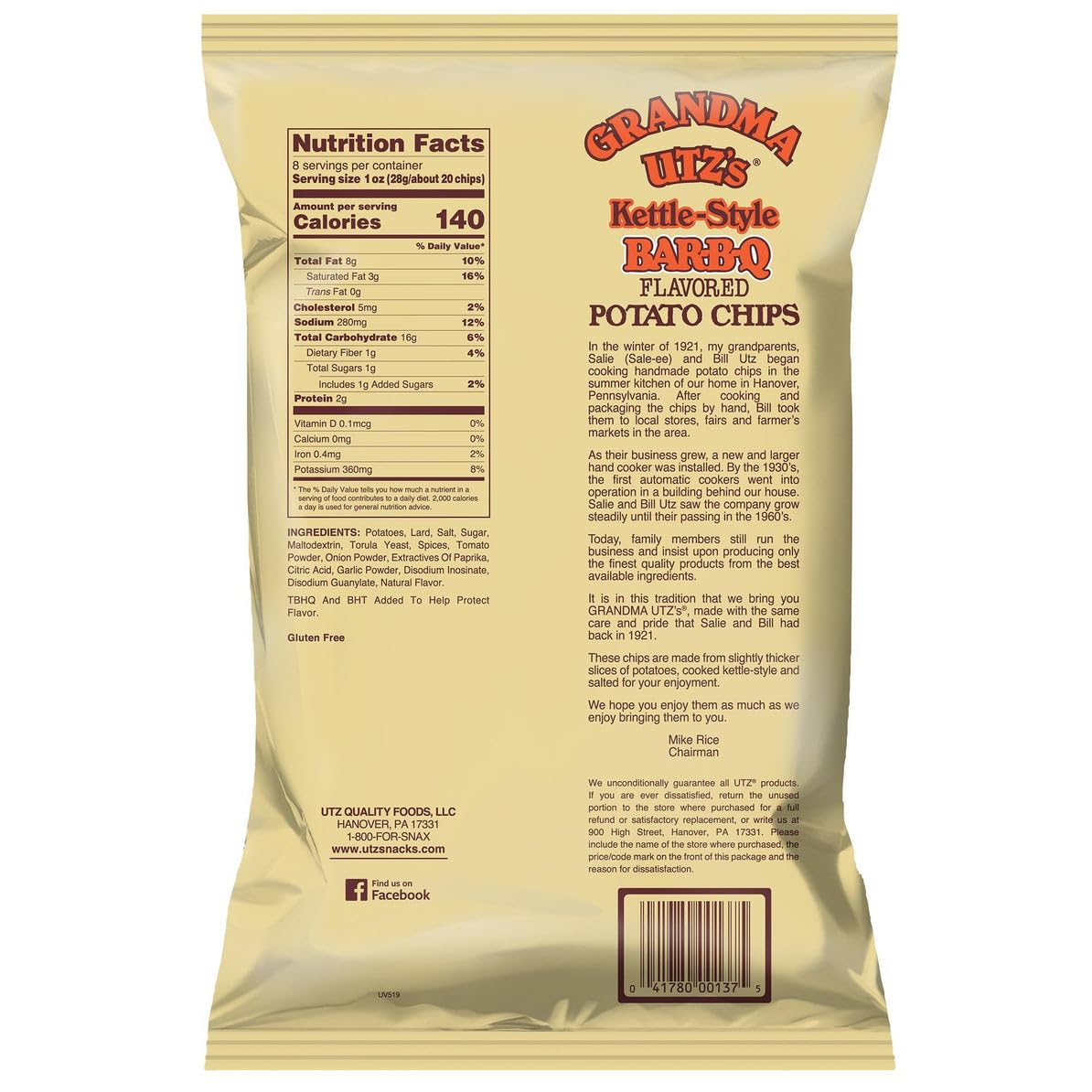 Utzchips Handcooked Grandma Kettle Potato Chips barbecue flavors- Thick, Crunchy, Delicious - 4-8oz bags