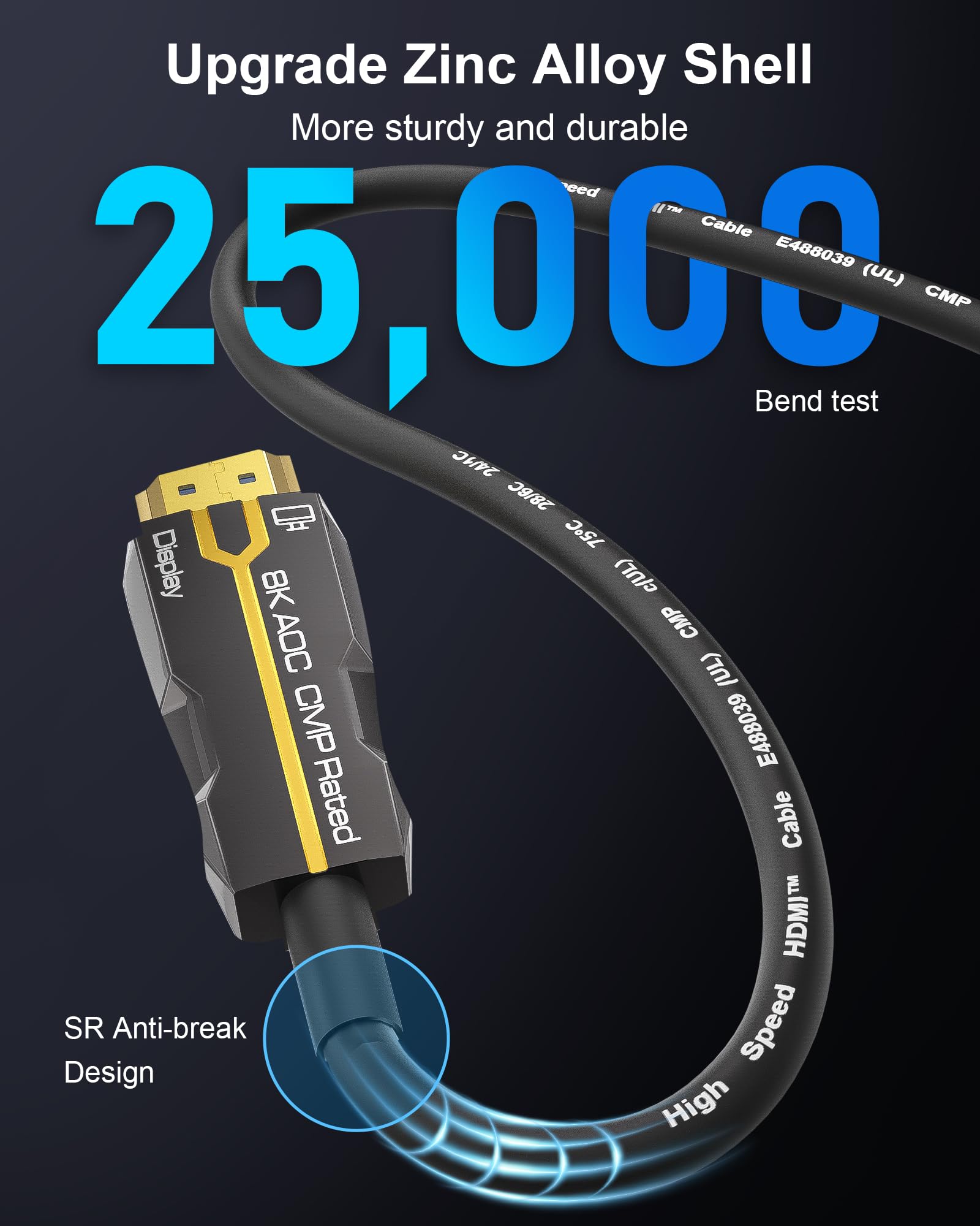Cable HDMI con clasificación plenum (CMP) de 50 pies, cable HDMI 2.1 de fibra óptica 8K de alta velocidad de 48 Gbps, cable largo para tuberías, compatible con 8K y 60Hz 4K y 120Hz HDR, para