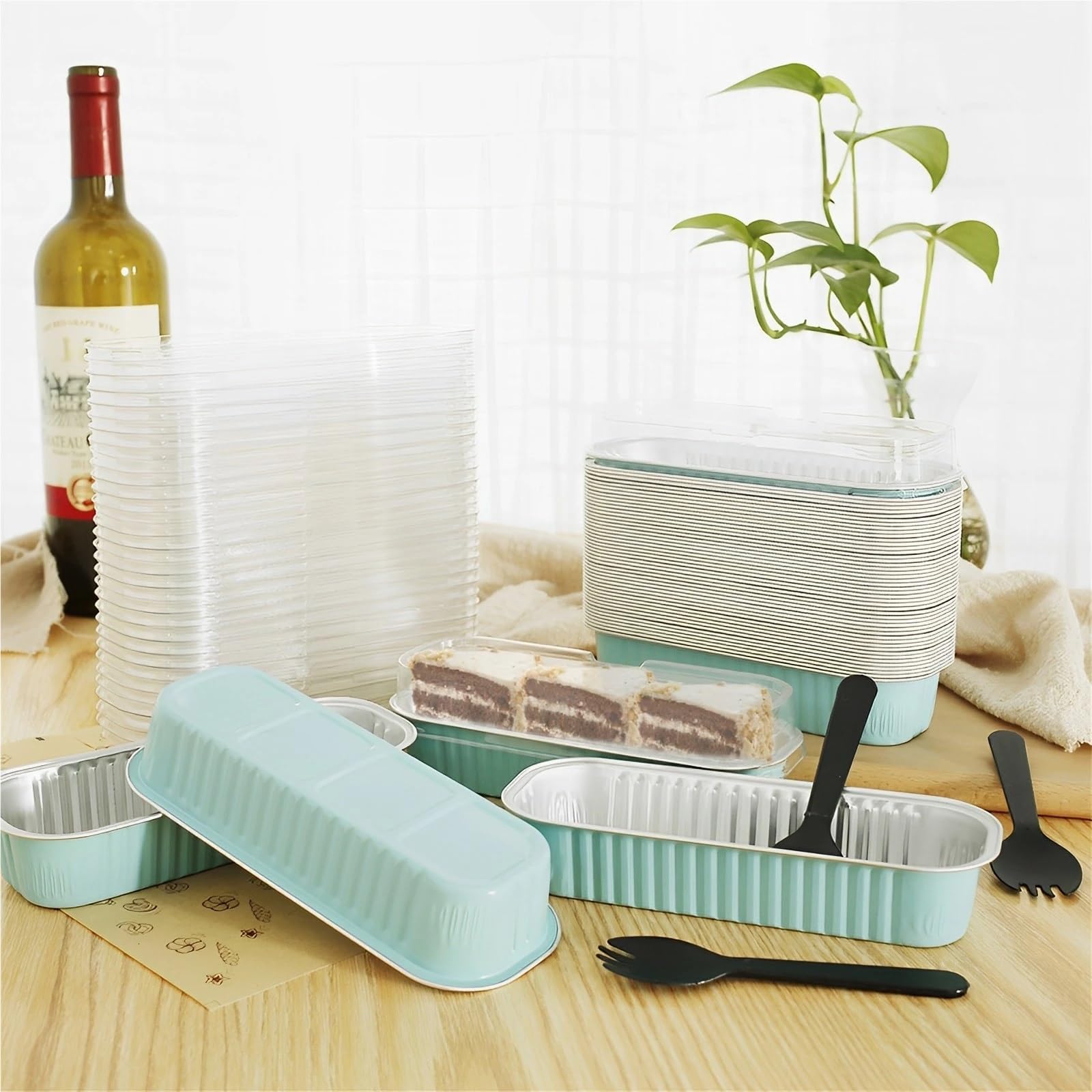 Juego de 50 mini moldes for pasteles con tapas y tenedores, rectangulares aluminio 200 ml for hornear, for pan portátiles Tazas De Papel De Pastel(Pink)