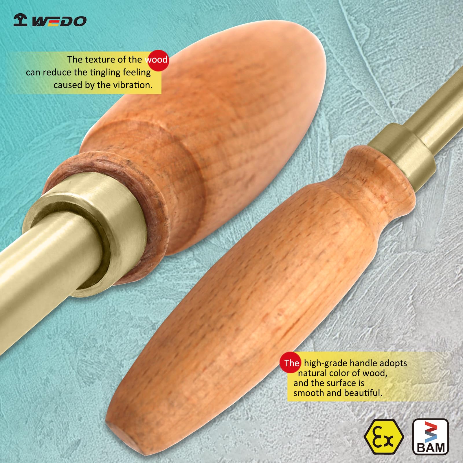 WEDO Raspador triangular sin chispas, hoja de espátula de 150 mm de ancho, 470 mm de largo, bronce de aluminio, resistente a la corrosión, mango de madera, certificado BAM & FM