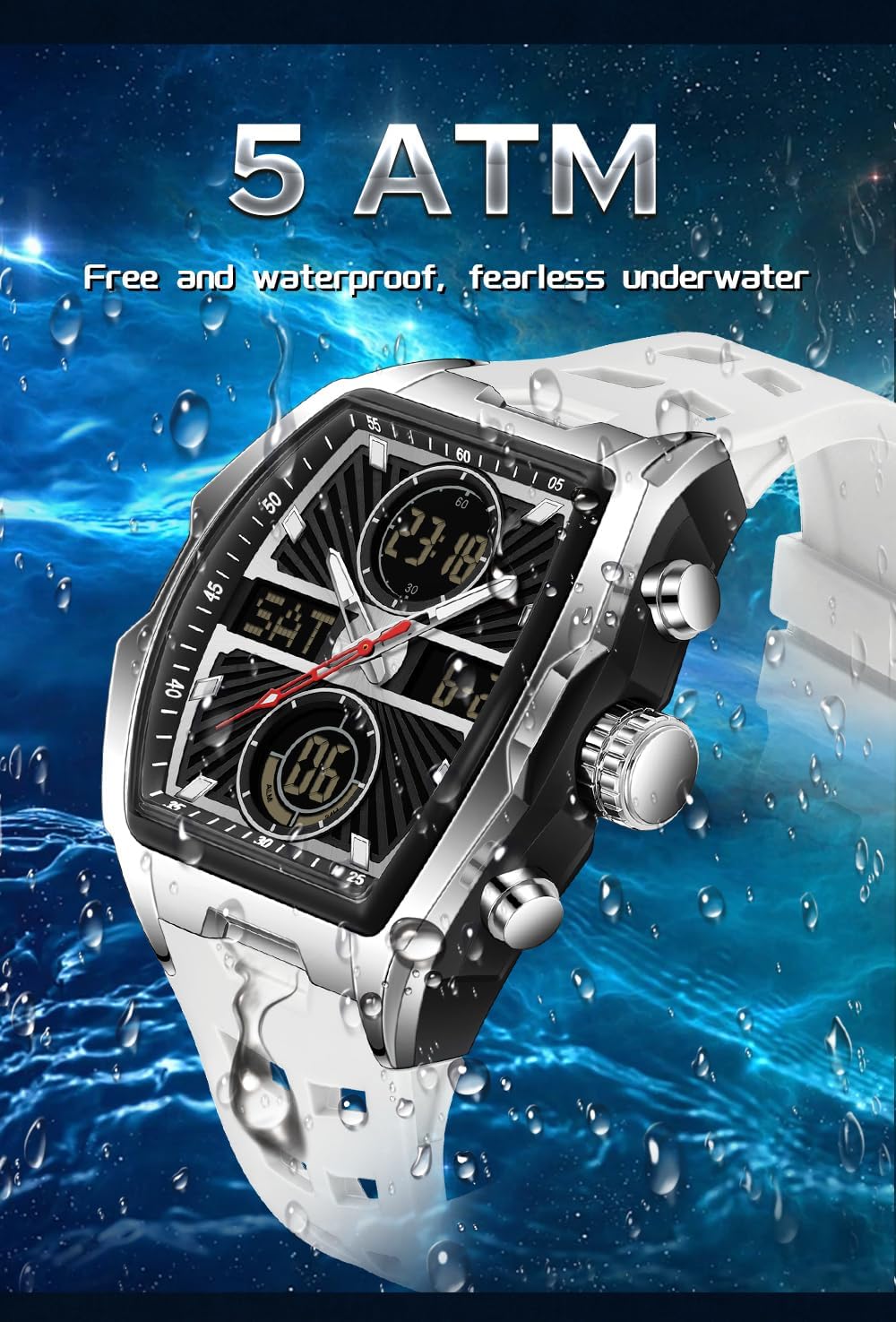 FANMIS Watches for Men Unique Rectangular White Men’s Wristwatch –Multifunction Chronograph with Digital Analog Dual Time Display Countdown Stopwatch Punk Cool Design Waterproof Dress Watch - Image 5