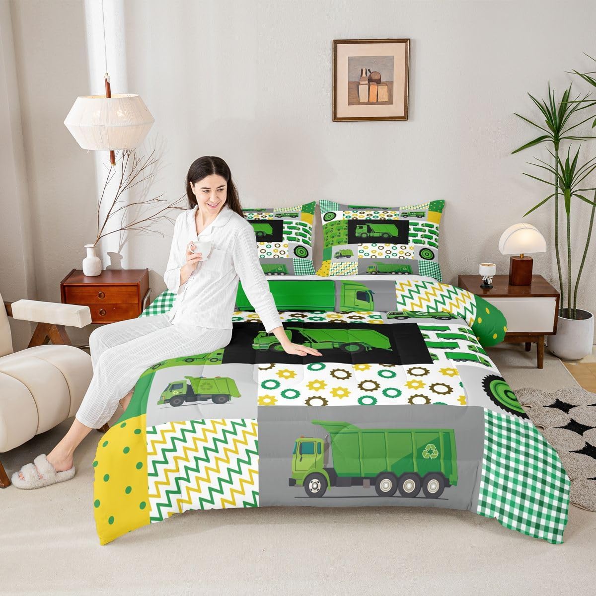 Feelyou Green Garbage Truck Comforter Powered Waste Management Recycling Bed n Bedding Set Cartoon Garbage Truck Duvet Set Quilt Set Queen Size