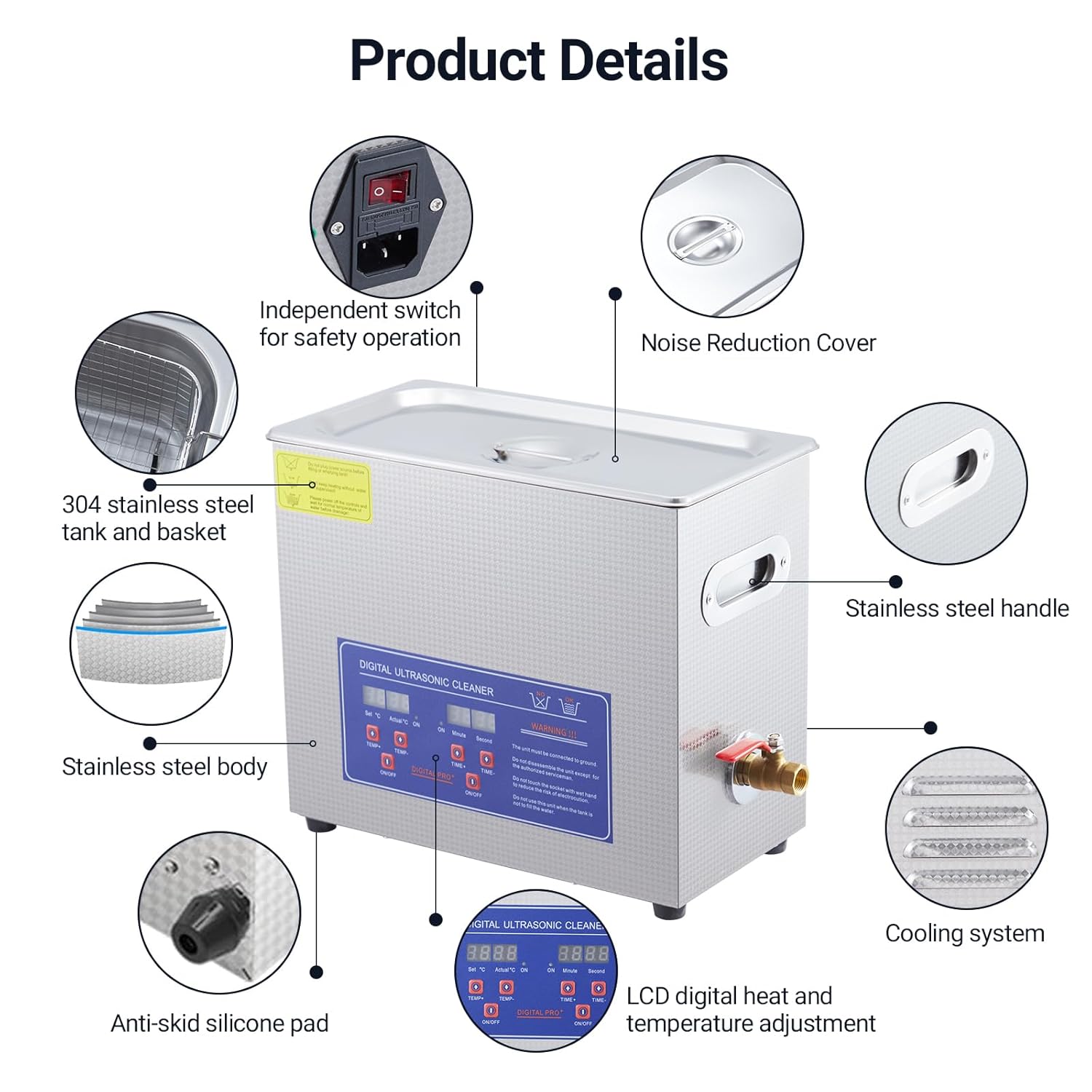 Commercial Ultrasonic Cleaner, 6.5L Professional Ultrasonic Cleaner, 40kHz with Digital Timer & Heater, 180w Excellent Cleaning Machine for Watch Eyeglasses Rings