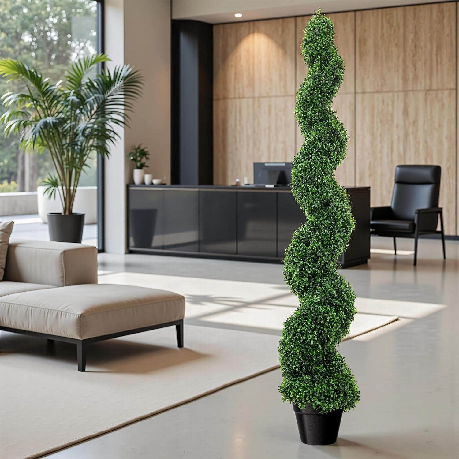 5ft Spiral Boxwood Topiary Trees Artificial Outdoor Set of 2, UV Resistant Faux Plants for Outdoor Planters, Faux Boxwoods for Front Porch Decor