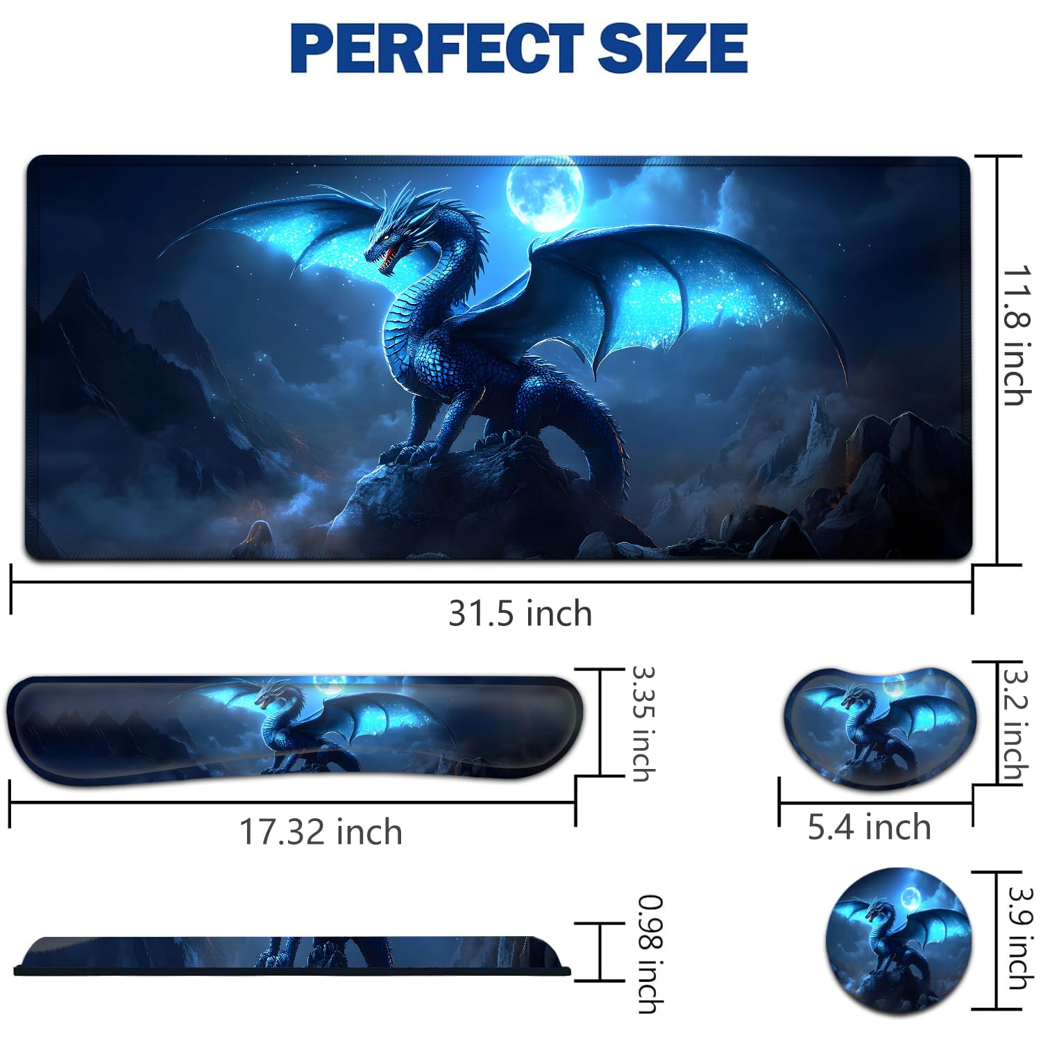 Großes Mauspad + Tastatur-Handgelenkauflage-Set, erweitertes Gaming-Mauspad (80 x 29 cm) mit rutschfestem Gummi, ergonomische Handgelenkauflage aus Memory-Schaum, blaue fliegende Drache